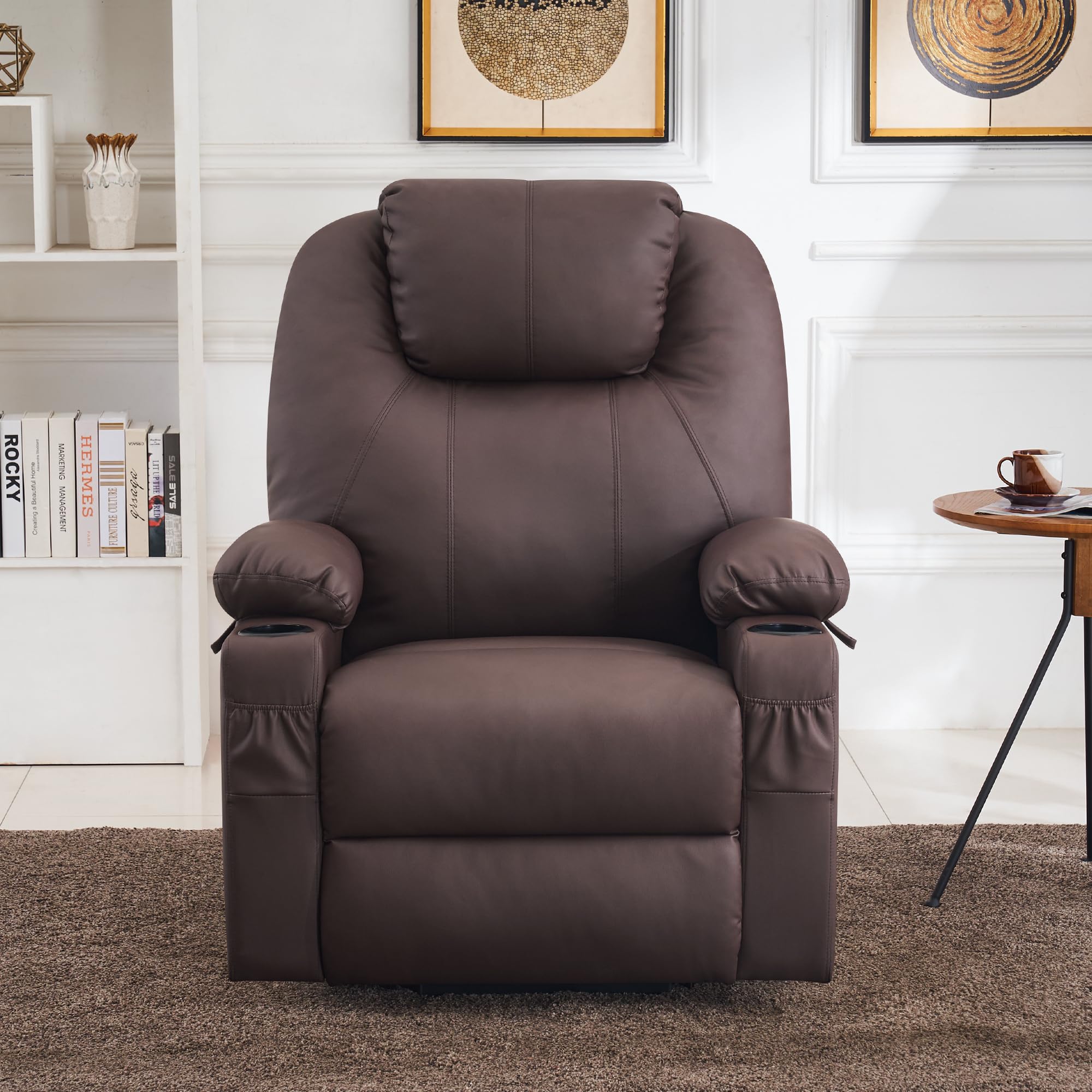 MCombo Electric Power Lift Recliner Chair Sofa with Massage and Heat for Elderly, 3 Positions, 2 Side Pockets, and Cup Holders, USB Ports, Faux Leather 7040 (Light Brown, Medium)