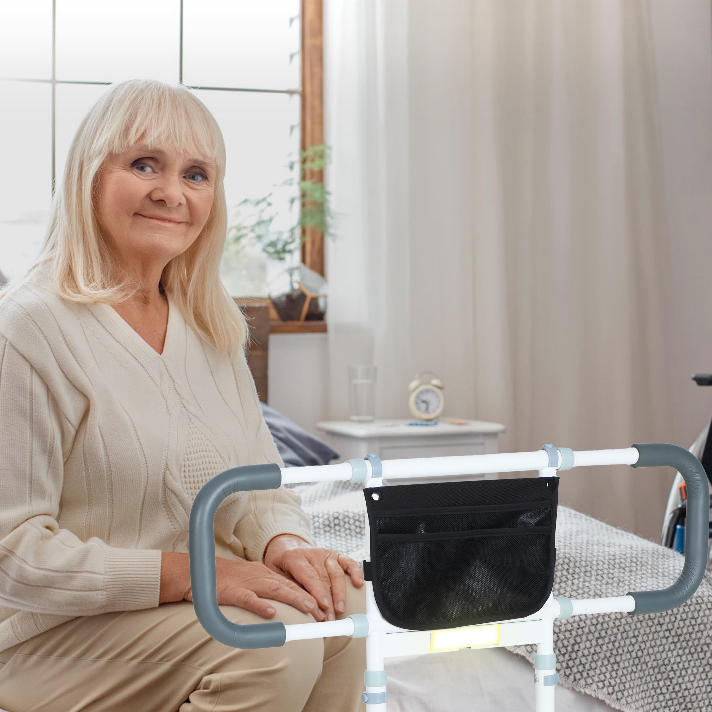 Bed Rails for Elderly Adults Safety - Elderly Assistance Products, Bedrails for Rlderly Adults Grab Bar Bed Handrails, Bed Rail with Pocket, Motion Sensor Light Fits King, Queen, Full, Twin (Black)