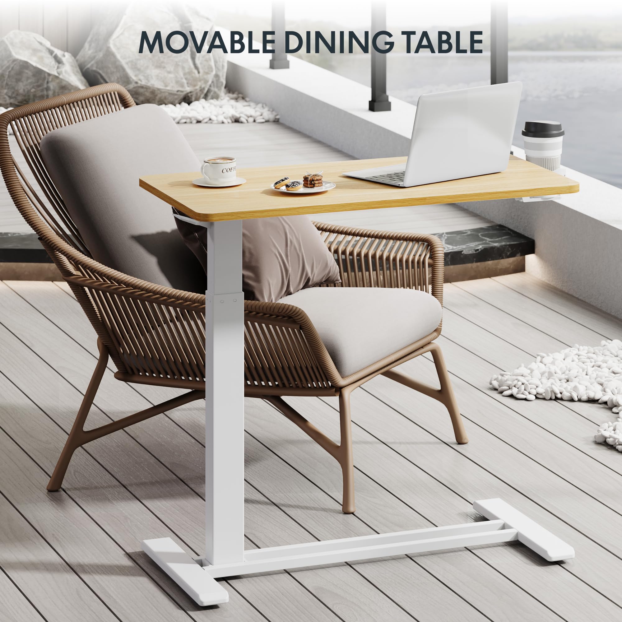 FLEXISPOT H7 Adjustable Overbed Bedside Table with Wheels Pneumatic Mobile Standing Desk Laptop Desk Rolling Computer Cart Movable Overbed Table Hospital Home Use(27.6" W x 15.7" D, White)