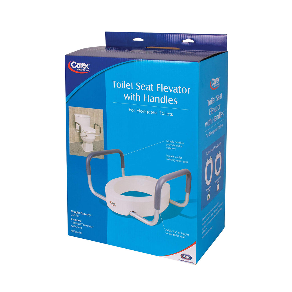 Carex 3.5 Inch Raised Toilet Seat with Arms, Elongated Toilet Seat Riser, 300 lbs Capacity, Elevating and Raising Seat for Elderly and Handicap, Universal, Slip-Resistant with Padded Handles, White