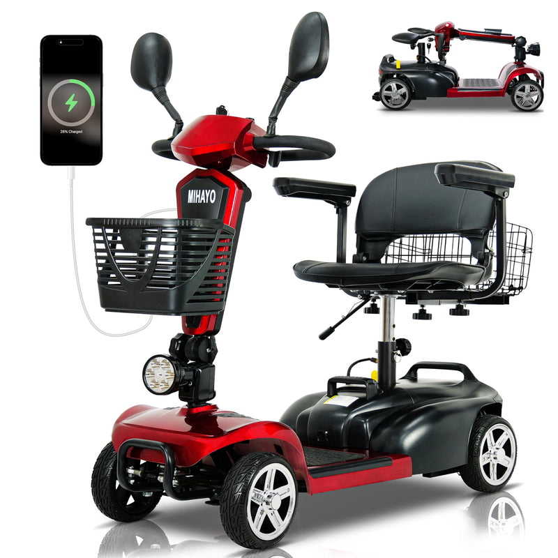 MIHAYO 4 Wheel Mobility Scooter for Seniors&Adults- 25 Miles Range, Foldable Powered Electric Wheelchair Device w/600WH Battery,Only 8 lb Weight, Dual Basket, 300 lb Capacity, Compact,Red