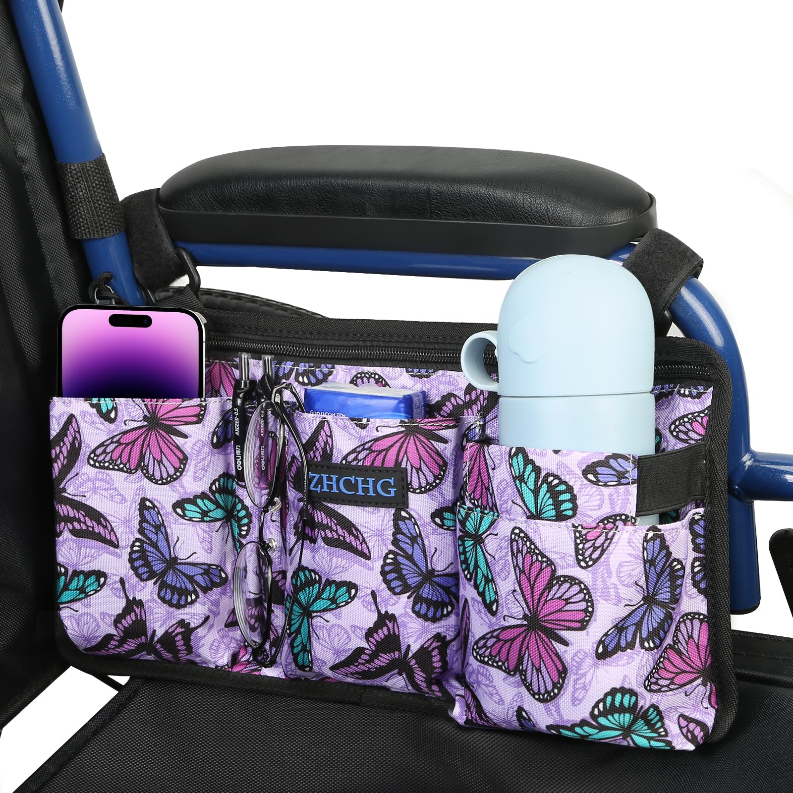 2 Pack Wheelchair Side Bag with Cup Holder, Wheelchair Armrest Pouch Accessories for Walker, Rollator, Electric Scooter Wheelchairs, Ideal Gift for Mother's Day & Father's Day