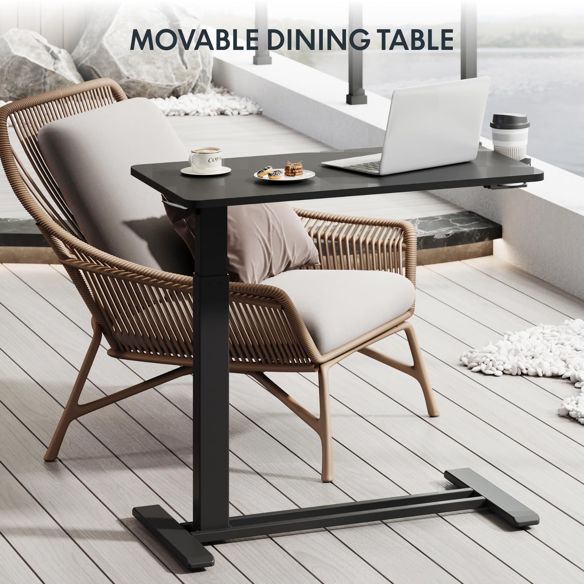 FLEXISPOT H7 Adjustable Overbed Bedside Table with Wheels Pneumatic Mobile Standing Desk Laptop Desk Rolling Computer Cart Movable Overbed Table Hospital Home Use(27.6" W x 15.7" D, White)