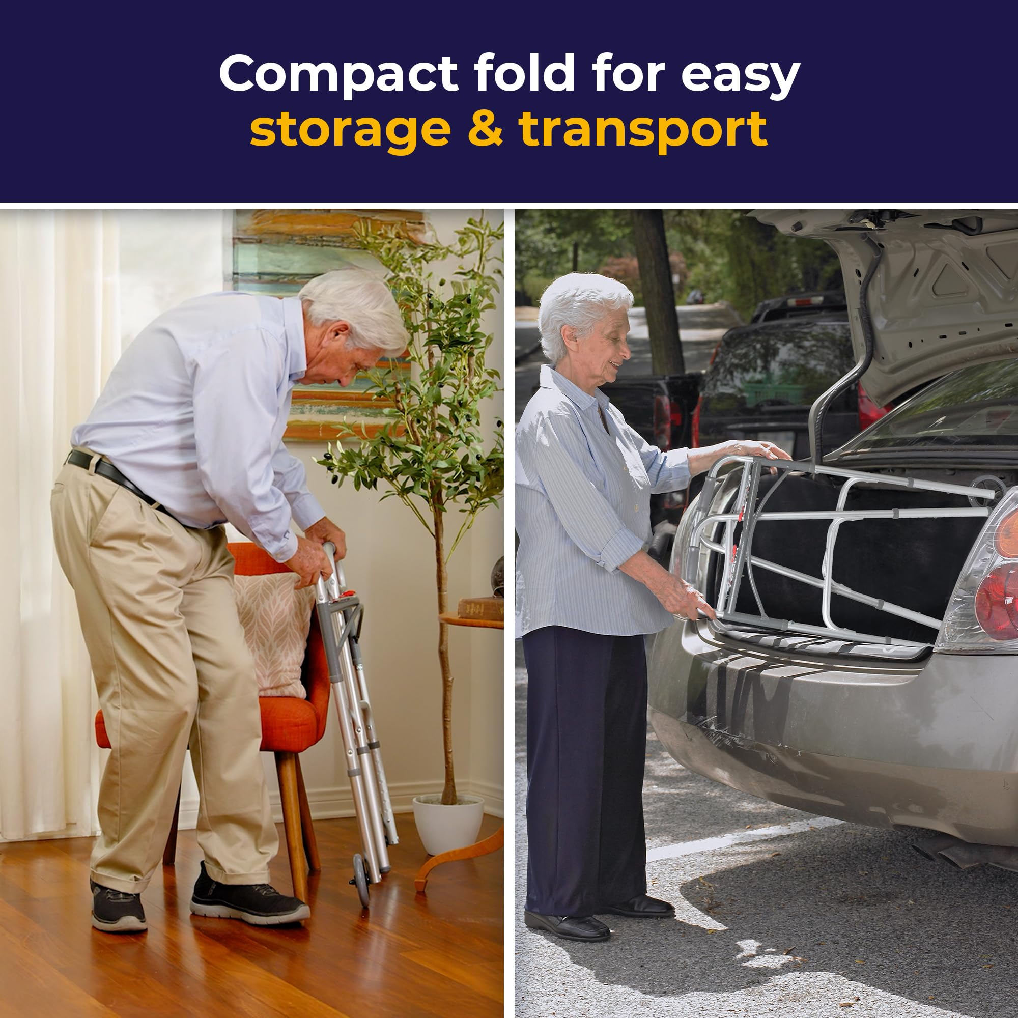 Drive Medical 10210-1 2-Button Folding Walker with Wheels, Rolling Walker, Front Wheel Walker, Lightweight Walkers for Seniors and Adults Weighing Up To 350 Pounds, Adjustable Height, Silver
