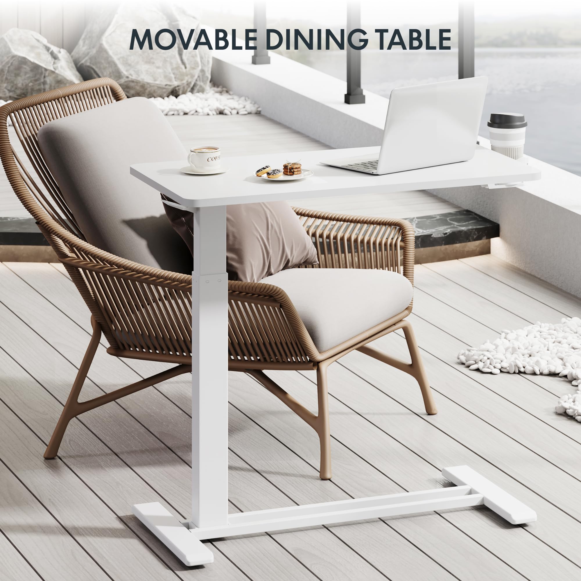 FLEXISPOT H7 Adjustable Overbed Bedside Table with Wheels Pneumatic Mobile Standing Desk Laptop Desk Rolling Computer Cart Movable Overbed Table Hospital Home Use(27.6" W x 15.7" D, White)