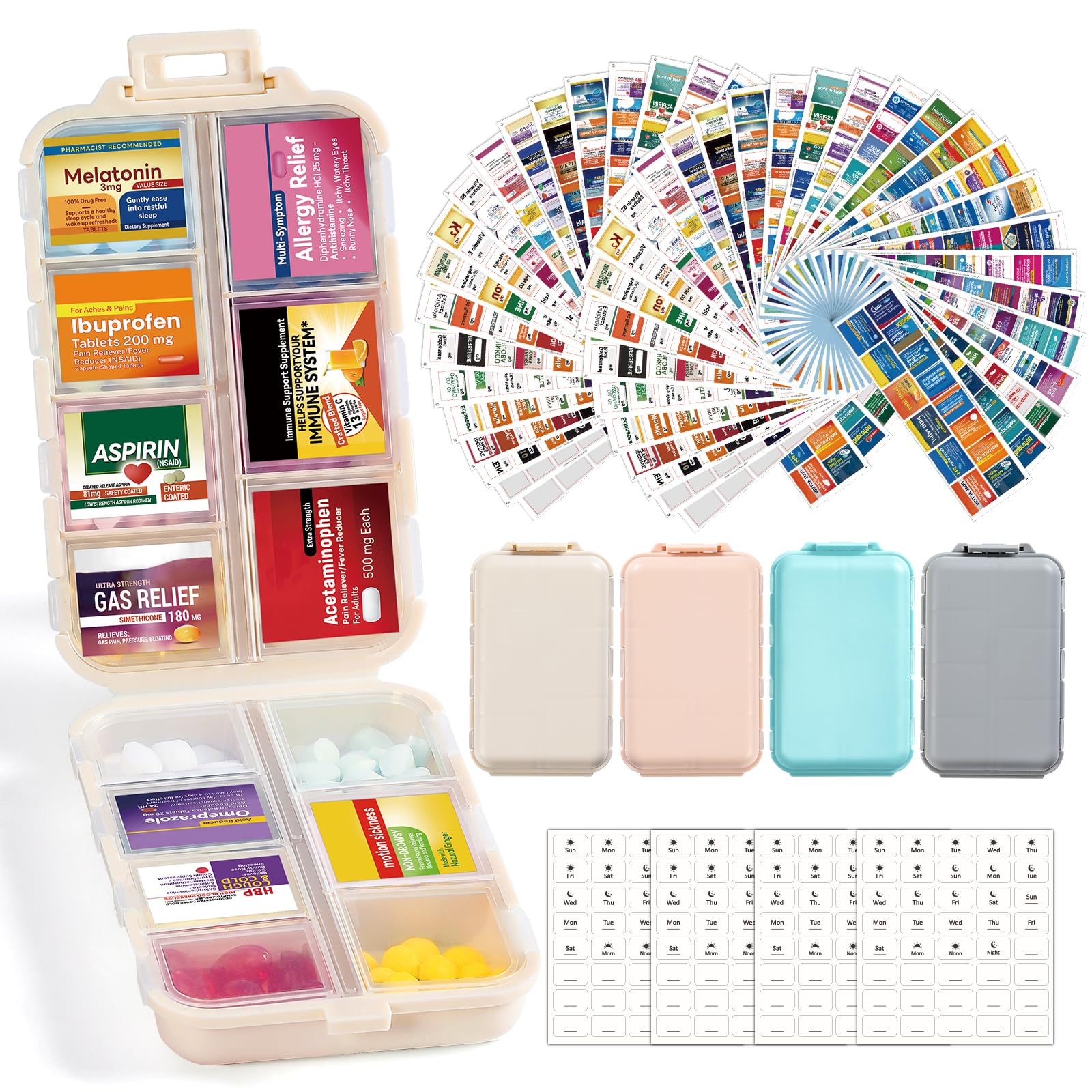 3 Pack 14 Grids Travel Pill Organizer Box with 415-Pcs Medicine Name Labels - Pocket Daily Pharmacy Case Container Kit - Travel Medication Holder Dispenser for Fish Oil Vitamin Supplement Storage