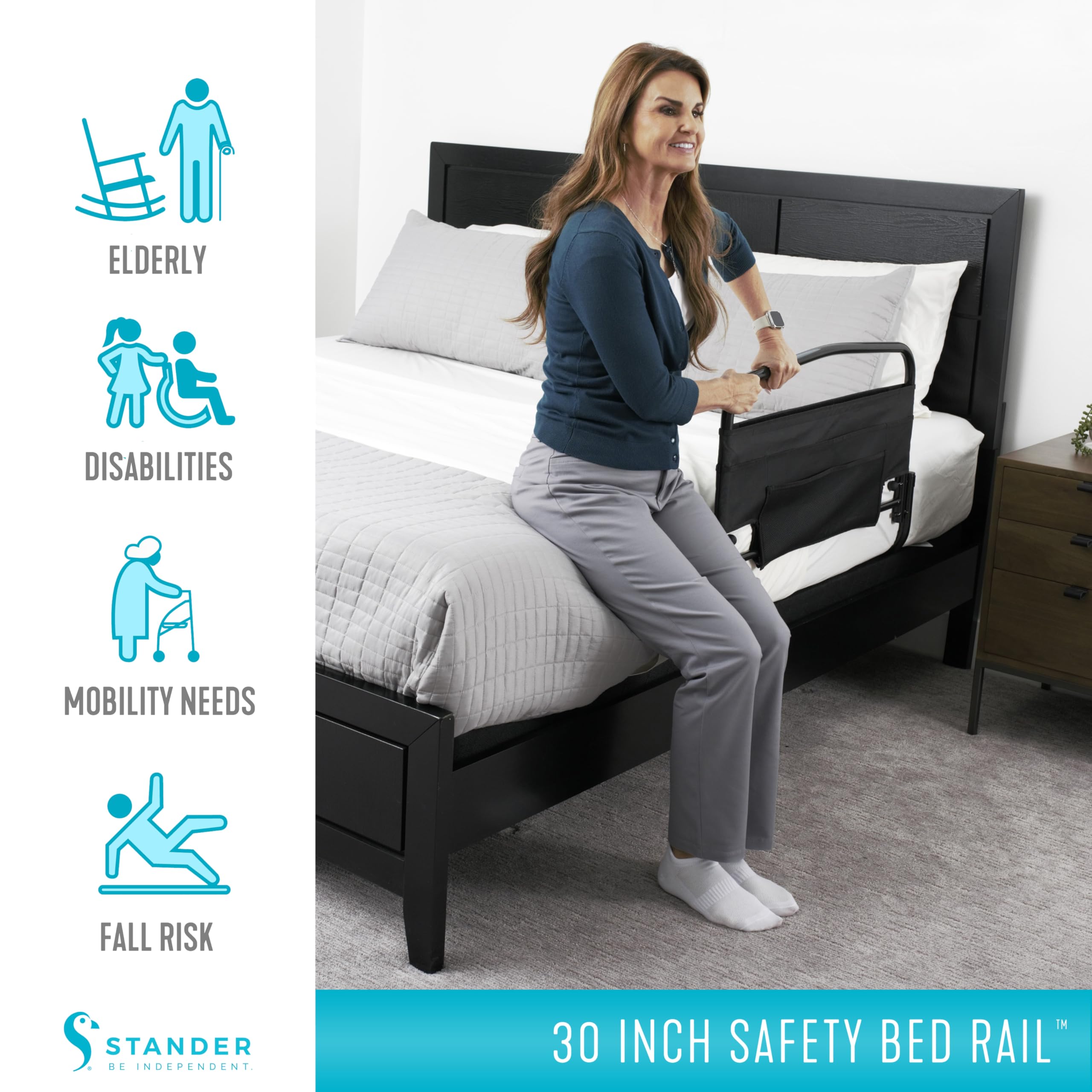 Stander 30inch Safety Bed Rail with Padded Pouch, Folding Guardrail for Adults, Seniors, and Elderly, Bedside Stand Assist Bar, Fits King, Queen, Full, and Twin Beds, ASTM Safety Approved Bedrail