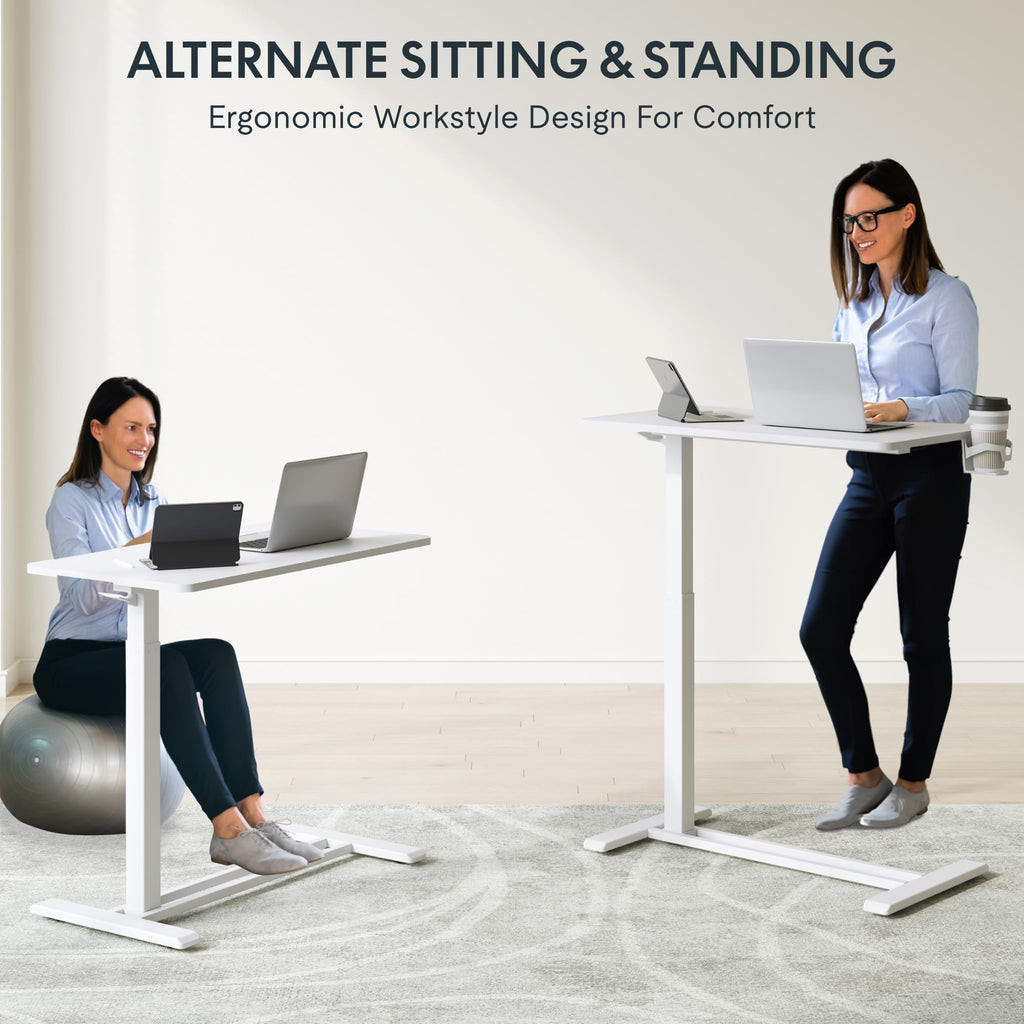 FLEXISPOT H7 Adjustable Overbed Bedside Table with Wheels Pneumatic Mobile Standing Desk Laptop Desk Rolling Computer Cart Movable Overbed Table Hospital Home Use(27.6" W x 15.7" D, White)