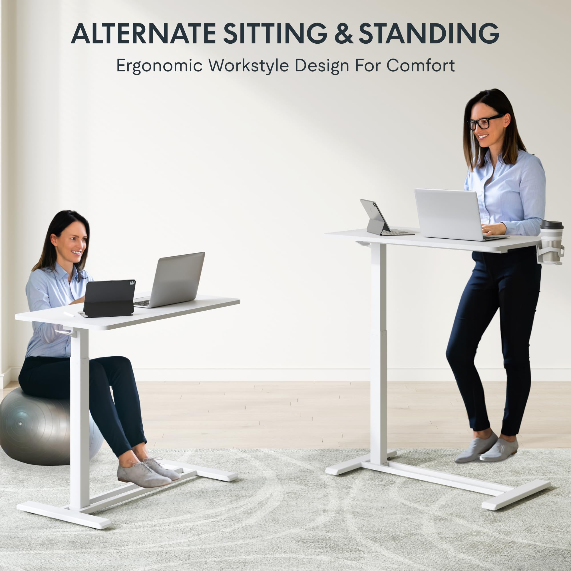 FLEXISPOT H7 Adjustable Overbed Bedside Table with Wheels Pneumatic Mobile Standing Desk Laptop Desk Rolling Computer Cart Movable Overbed Table Hospital Home Use(27.6" W x 15.7" D, White)