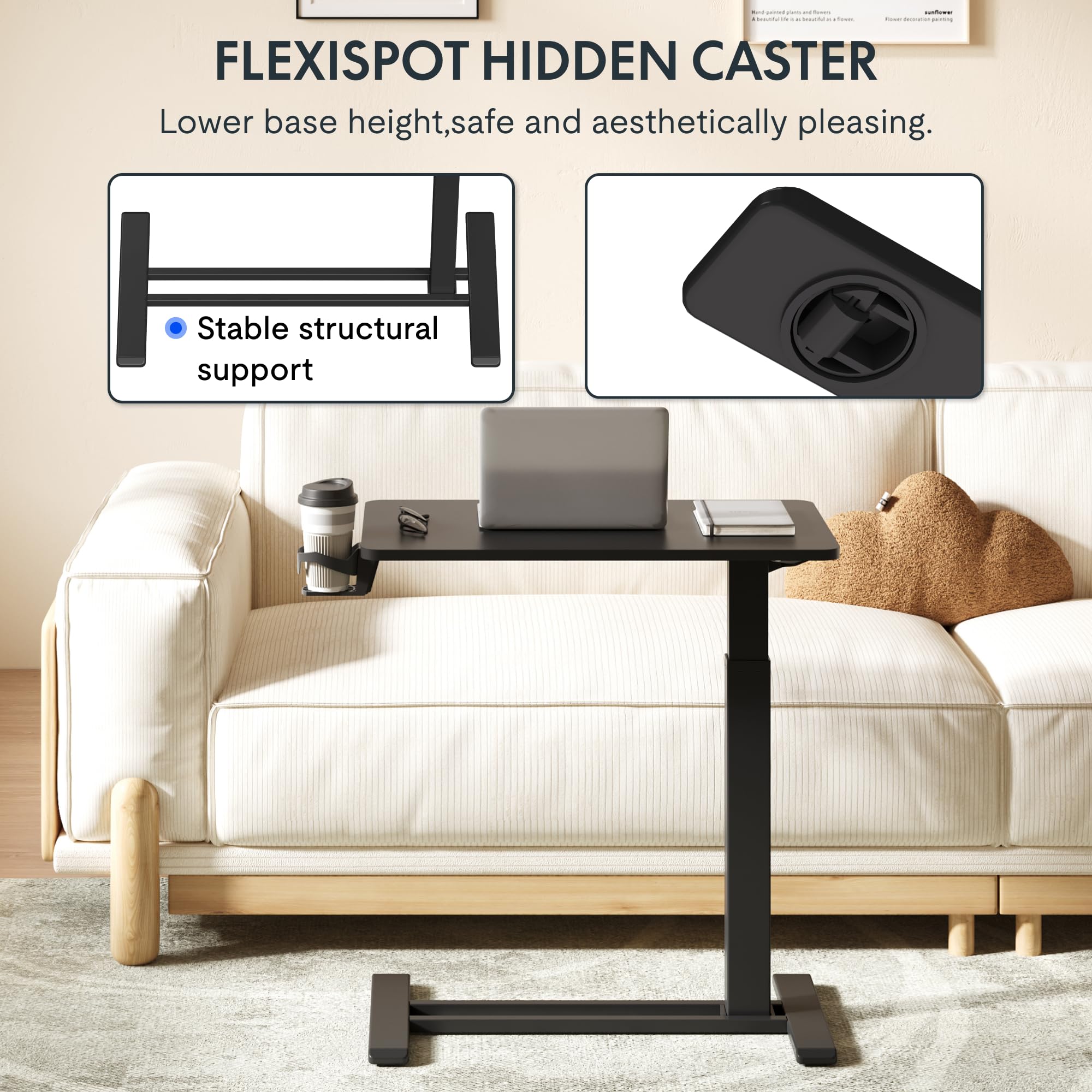 FLEXISPOT H7 Adjustable Overbed Bedside Table with Wheels Pneumatic Mobile Standing Desk Laptop Desk Rolling Computer Cart Movable Overbed Table Hospital Home Use(27.6" W x 15.7" D, White)