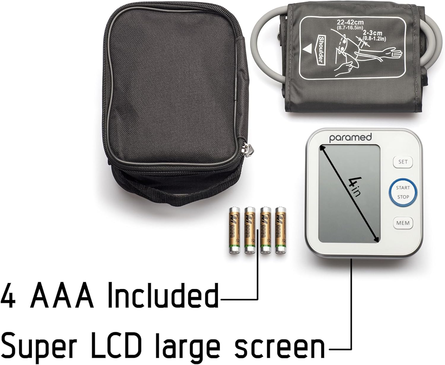 Paramed Blood Pressure Monitor - Bp Machine - Automatic Upper Arm Blood Pressure Cuff 8.7-16.5 inches - Large LCD Display 120 Sets Memory - Device Bag & Batteries Included