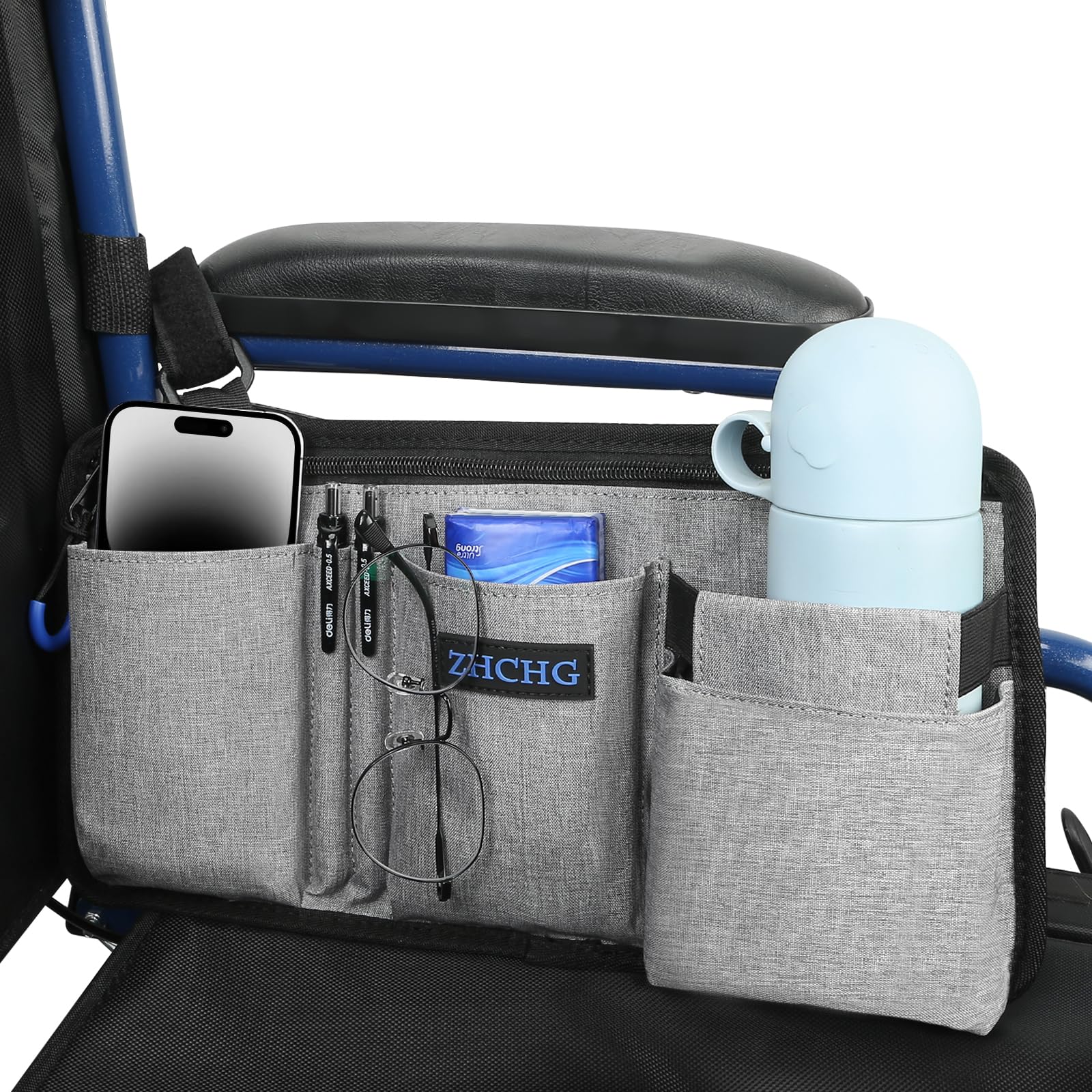 2 Pack Wheelchair Side Bag with Cup Holder, Wheelchair Armrest Pouch Accessories for Walker, Rollator, Electric Scooter Wheelchairs, Ideal Gift for Mother's Day & Father's Day