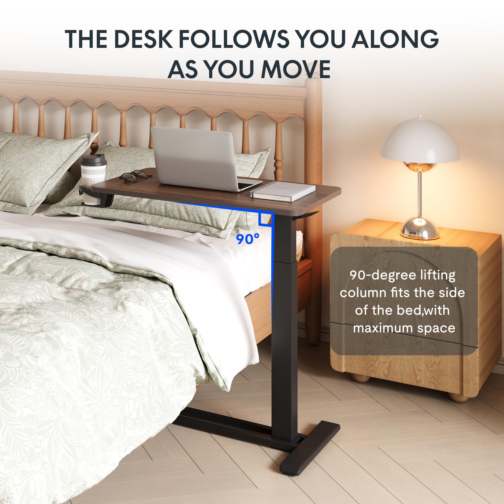 FLEXISPOT H7 Adjustable Overbed Bedside Table with Wheels Pneumatic Mobile Standing Desk Laptop Desk Rolling Computer Cart Movable Overbed Table Hospital Home Use(27.6" W x 15.7" D, White)
