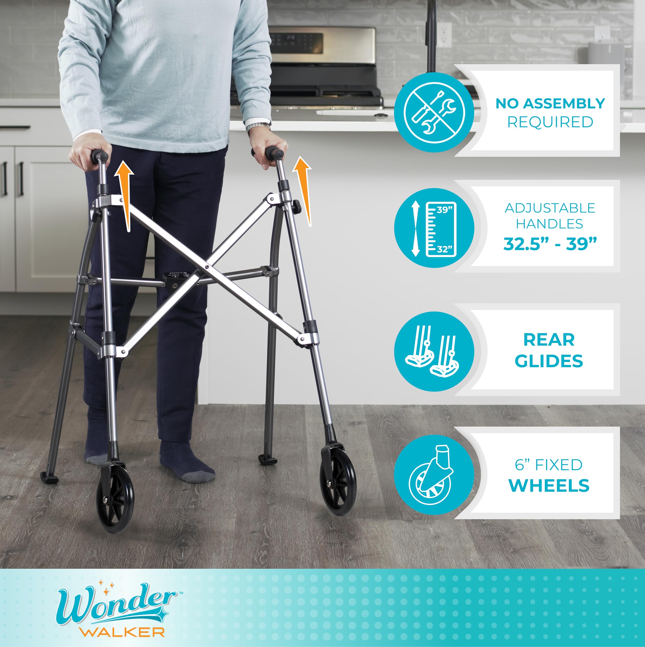 Stander Space Saver Walker, Lightweight Folding Rolling Mobility Aid for Seniors & Adults, Compact 2-Wheel Disability Device with 6-inch Wheels & Ski Glides for Walking Support, Cobalt Blue