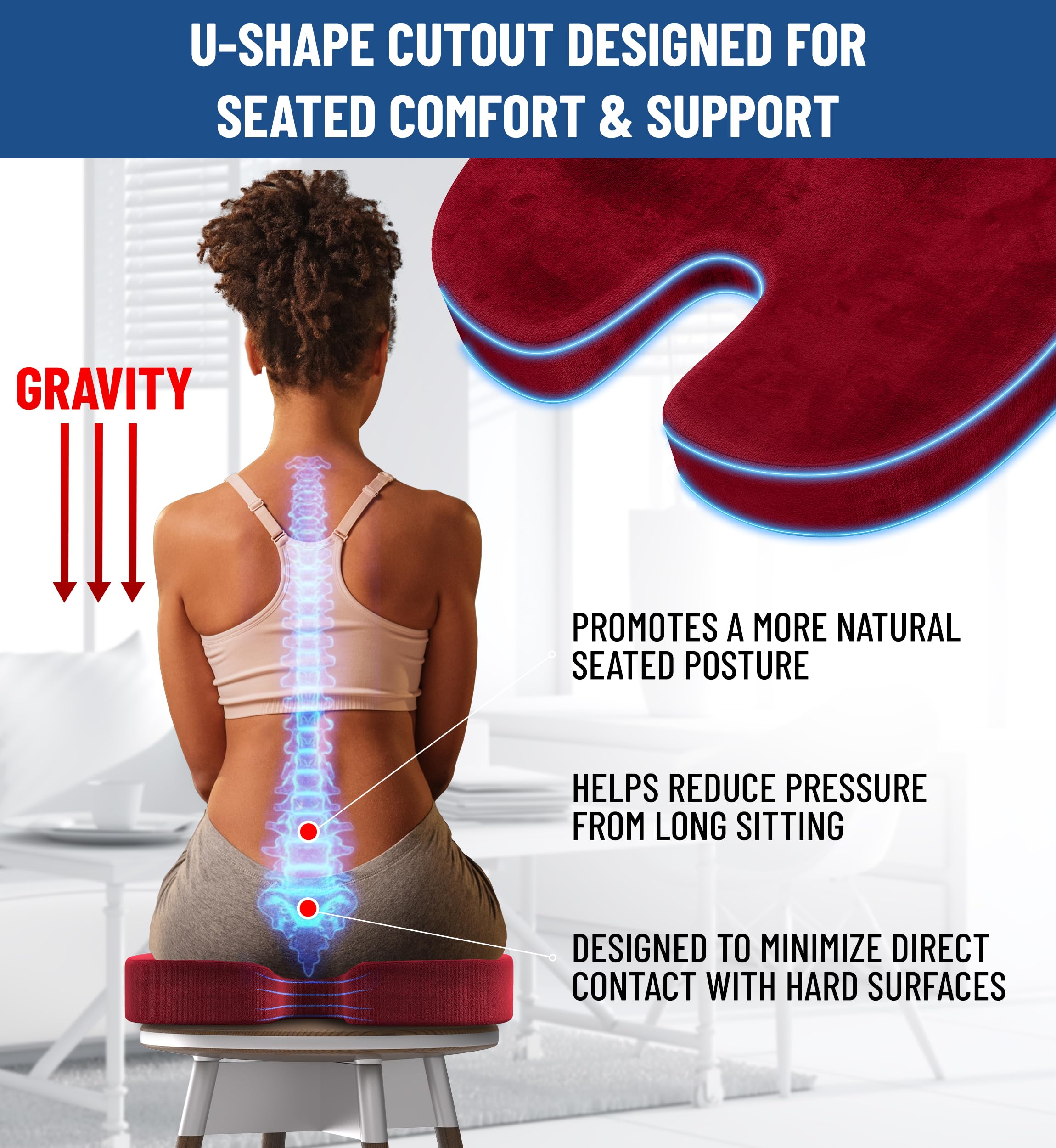 Everlasting Comfort Doctor Recommended Memory Foam Seat Cushion for Office Chairs & Car Seat - Ergonomic Office Desk Accessories for Tailbone Pain Relief, Sciatica & Back Support