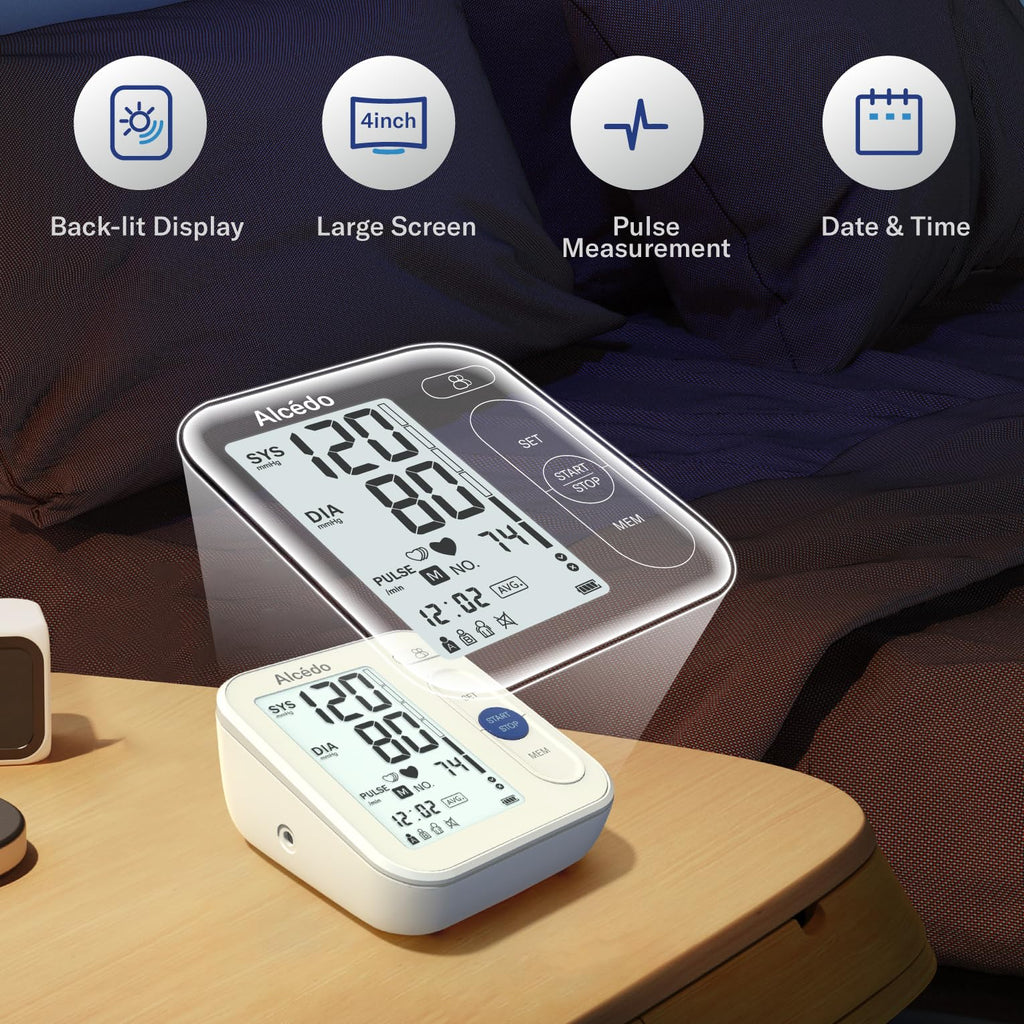 Alcedo Blood Pressure Monitor for Home Use, Automatic Digital BP Machine with Large Cuff for Upper Arm, LCD Screen, 2x120 Memory, Talking Function