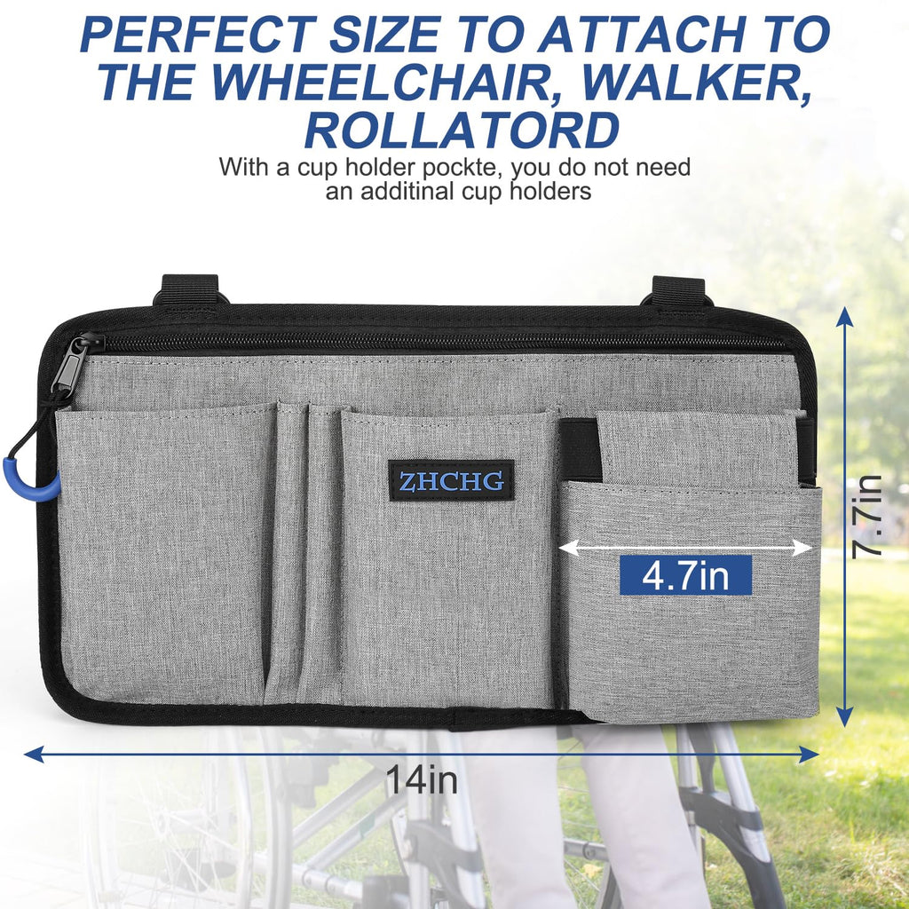 2 Pack Wheelchair Side Bag with Cup Holder, Wheelchair Armrest Pouch Accessories for Walker, Rollator, Electric Scooter Wheelchairs, Ideal Gift for Mother's Day & Father's Day
