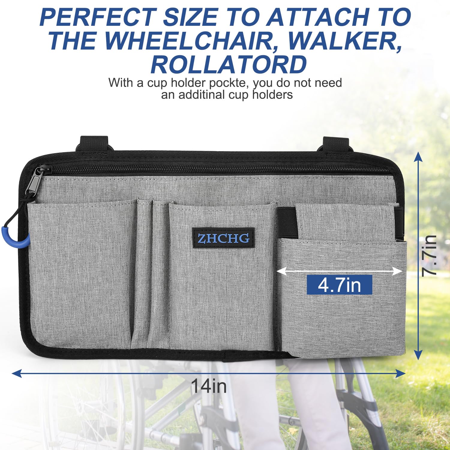 2 Pack Wheelchair Side Bag with Cup Holder, Wheelchair Armrest Pouch Accessories for Walker, Rollator, Electric Scooter Wheelchairs, Ideal Gift for Mother's Day & Father's Day