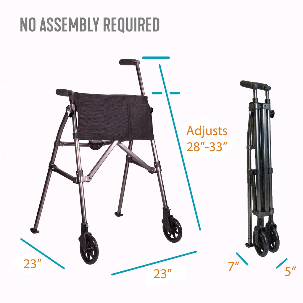 Stander Wonder Walker Plus, Lightweight Folding Mobility Aid for Adults, Seniors, and Elderly, Collapsible Travel EZ Fold-N-Go with Wheels, Glides, & Basket, Black Walnut