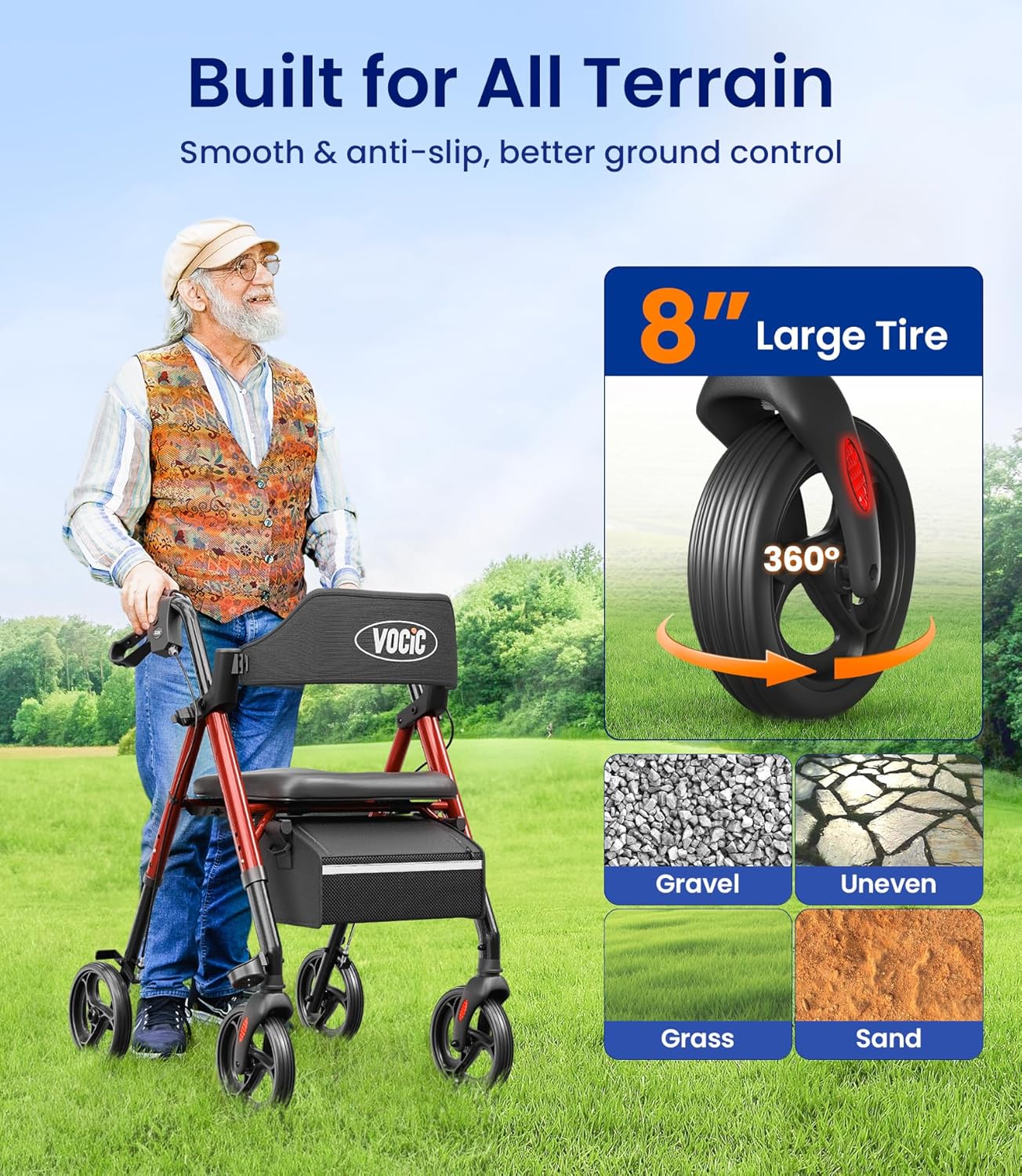 Walkers for Seniors, Z21 Rollator Walker with Seat Supports 350lb, 8" Big Wheels for All Terrain, Ergonomic Arc Seat & 6" Ultra Backrest Foldable Walker, Dual Height Adjustment, Lightweight 2025