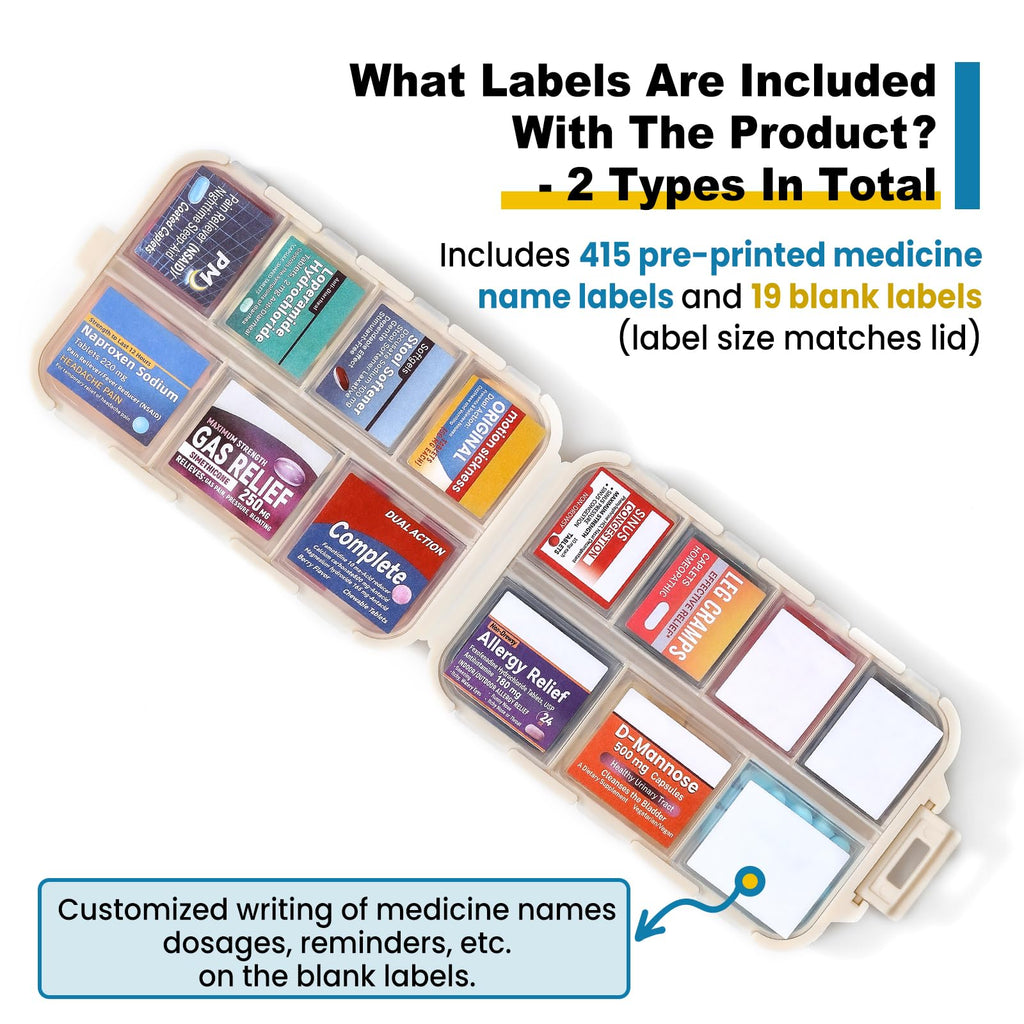3 Pack 14 Grids Travel Pill Organizer Box with 415-Pcs Medicine Name Labels - Pocket Daily Pharmacy Case Container Kit - Travel Medication Holder Dispenser for Fish Oil Vitamin Supplement Storage