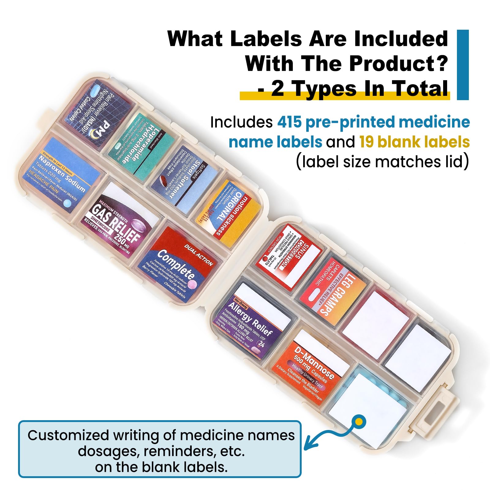 3 Pack 14 Grids Travel Pill Organizer Box with 415-Pcs Medicine Name Labels - Pocket Daily Pharmacy Case Container Kit - Travel Medication Holder Dispenser for Fish Oil Vitamin Supplement Storage