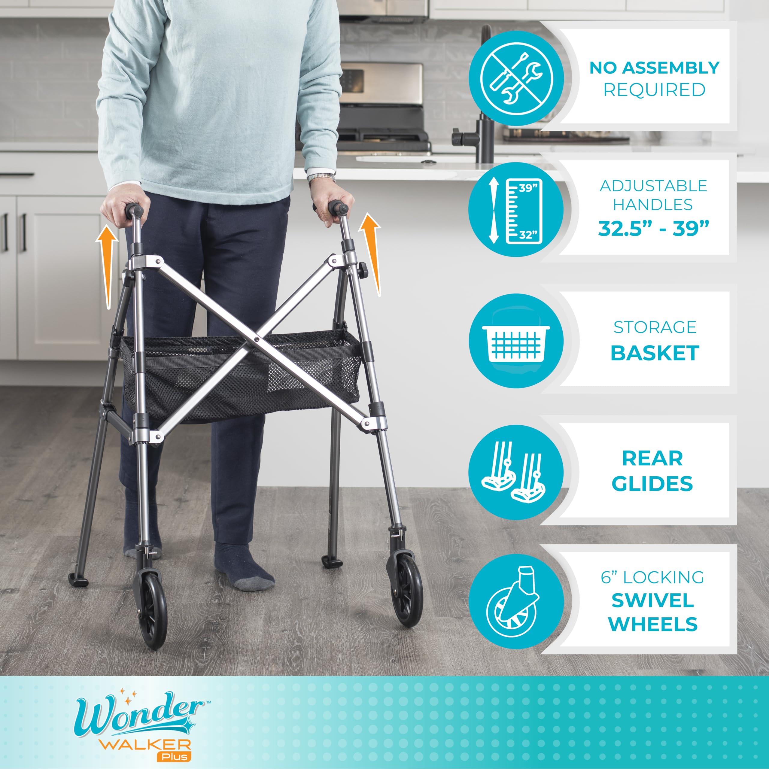 Stander Wonder Walker Plus, Lightweight Folding Mobility Aid for Adults, Seniors, and Elderly, Collapsible Travel EZ Fold-N-Go with Wheels, Glides, & Basket, Black Walnut