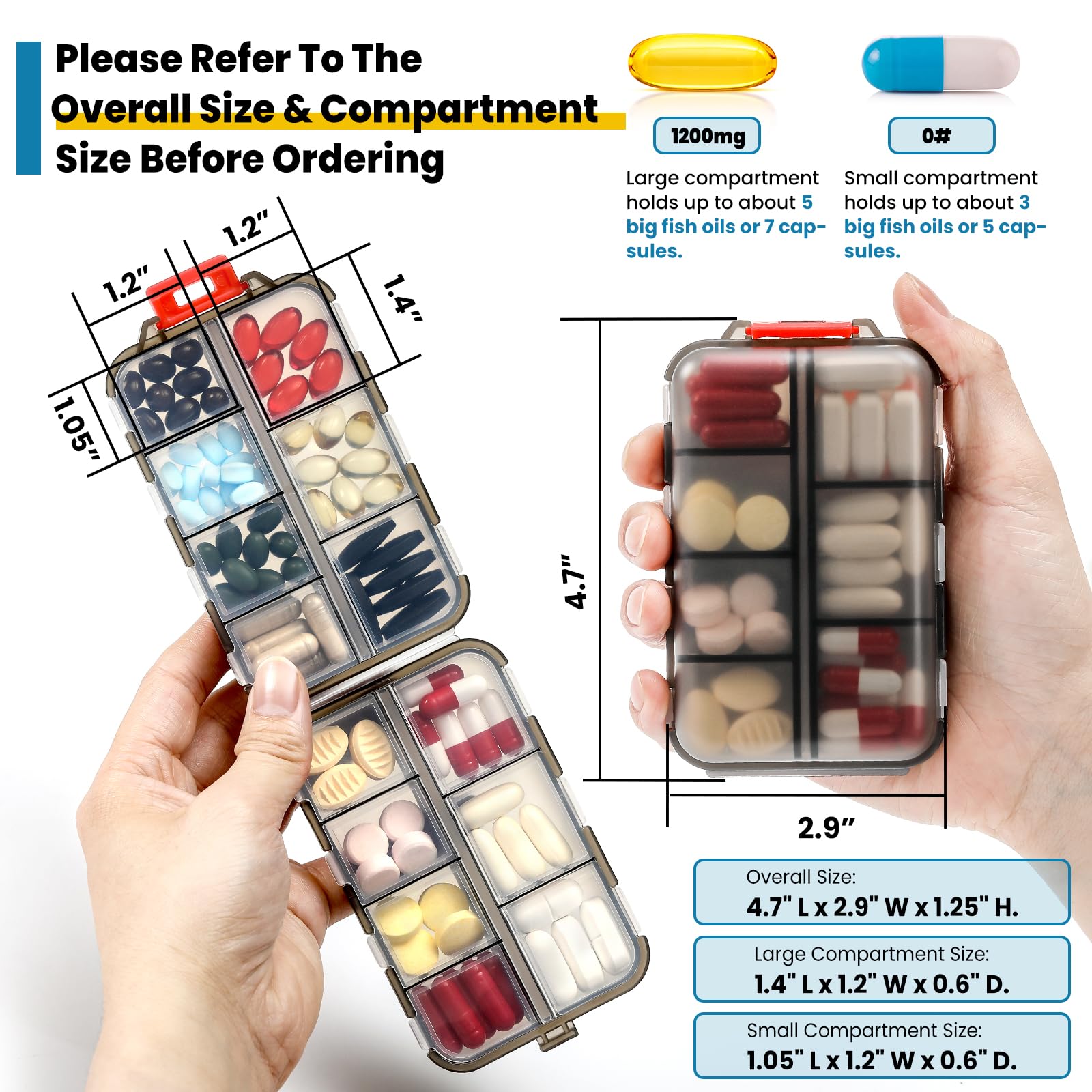 3 Pack 14 Grids Travel Pill Organizer Box with 415-Pcs Medicine Name Labels - Pocket Daily Pharmacy Case Container Kit - Travel Medication Holder Dispenser for Fish Oil Vitamin Supplement Storage