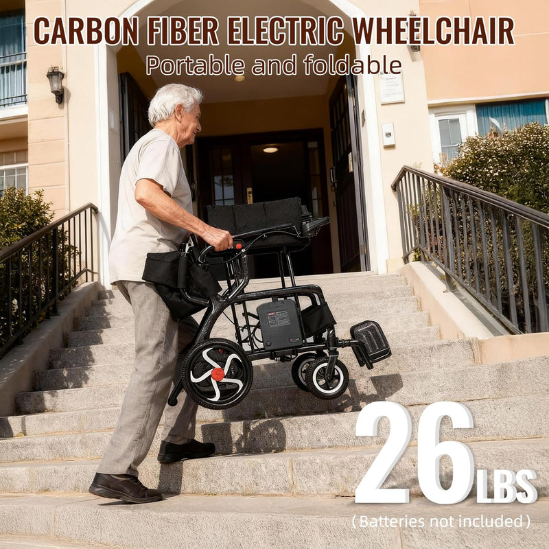 𝟐𝟔 𝐏𝐨𝐮𝐧𝐝𝐬 𝐂𝐚𝐫𝐛𝐨𝐧 𝐅𝐢𝐛𝐞𝐫 Electric Wheelchairs for Adults, 𝐔𝐥𝐭𝐫𝐚𝐥𝐢𝐠𝐡𝐭 𝐅𝐨𝐥𝐝𝐚𝐛𝐥𝐞 All Terrain Power Wheelchair, 300W Dual Motors Support 250 LBS