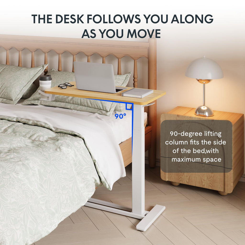 FLEXISPOT H7 Adjustable Overbed Bedside Table with Wheels Pneumatic Mobile Standing Desk Laptop Desk Rolling Computer Cart Movable Overbed Table Hospital Home Use(27.6" W x 15.7" D, White)