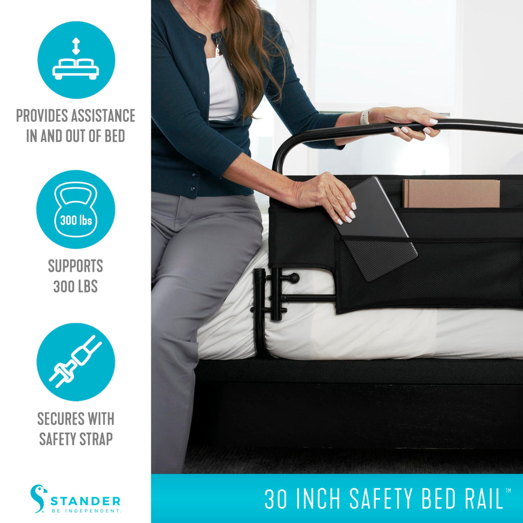 Stander 30inch Safety Bed Rail with Padded Pouch, Folding Guardrail for Adults, Seniors, and Elderly, Bedside Stand Assist Bar, Fits King, Queen, Full, and Twin Beds, ASTM Safety Approved Bedrail