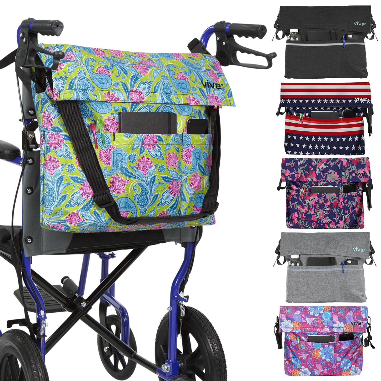 Vive XL Wheelchair Bag - Waterproof, Scratch-Resistant, Double-Stitched, Machine Washable Accessory for Adults, Seniors, 15 Colors - Storage Walker Backpack to Hang on Back of Wheel Chair