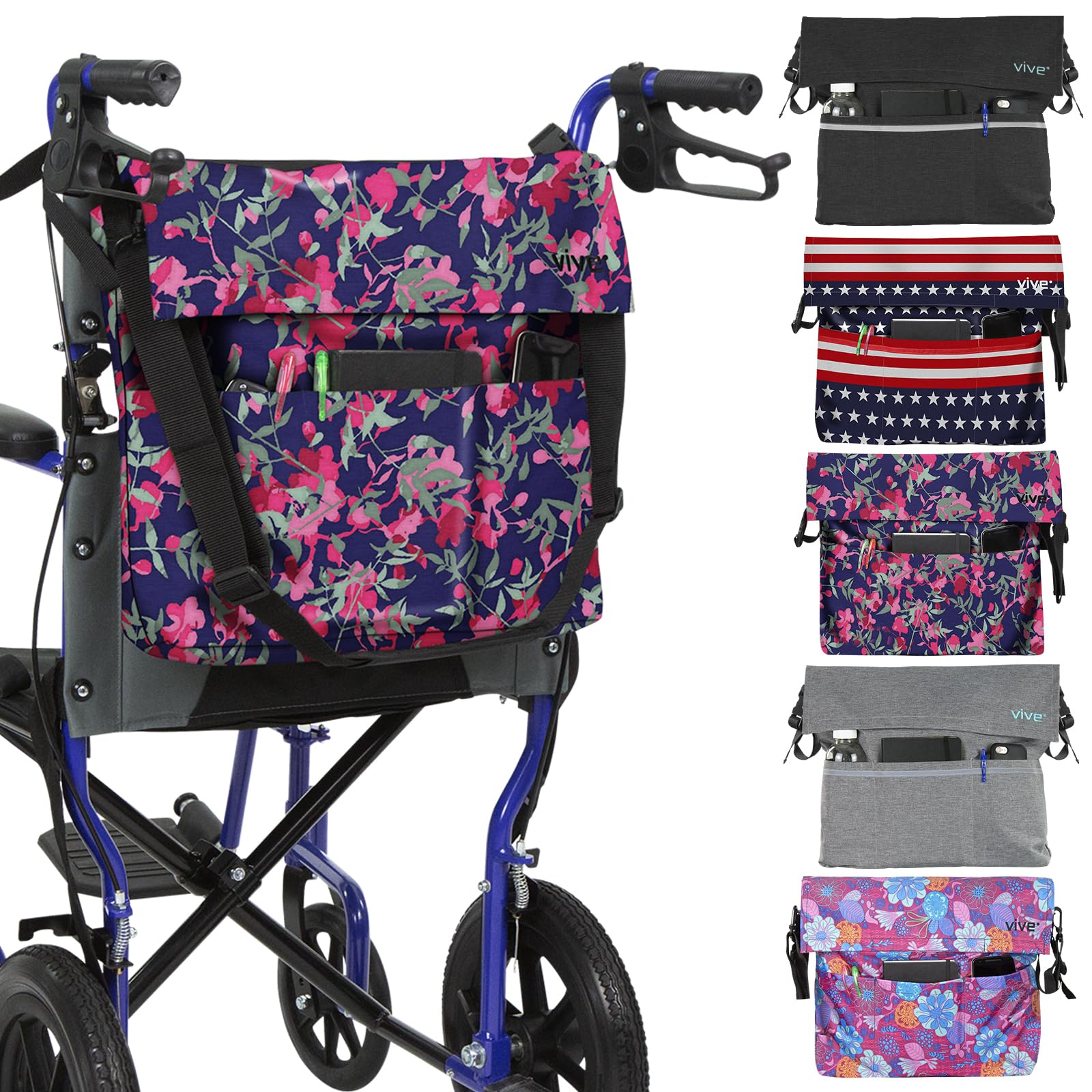 Vive XL Wheelchair Bag - Waterproof, Scratch-Resistant, Double-Stitched, Machine Washable Accessory for Adults, Seniors, 15 Colors - Storage Walker Backpack to Hang on Back of Wheel Chair