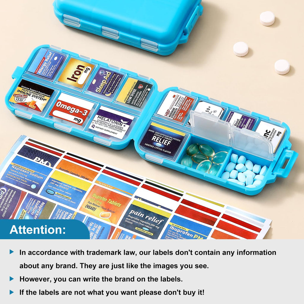 3 Pack 14 Grids Travel Pill Organizer Box with 415-Pcs Medicine Name Labels - Pocket Daily Pharmacy Case Container Kit - Travel Medication Holder Dispenser for Fish Oil Vitamin Supplement Storage