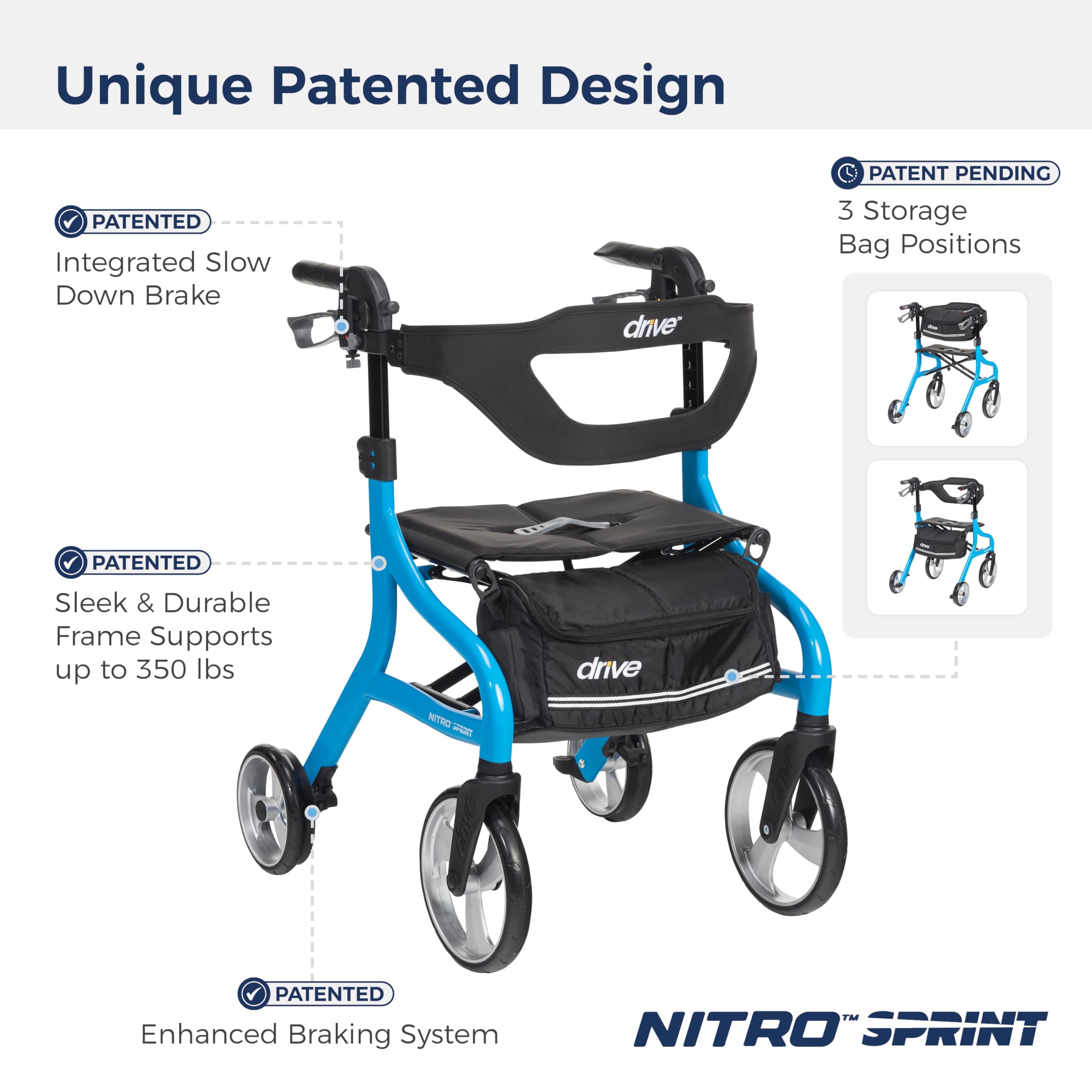 Drive Medical Nitro Sprint Foldable Rollator Walker with Seat, Standard Height Lightweight Large Wheels, Folding Rolling Walker, Red 1 Count 19 pounds