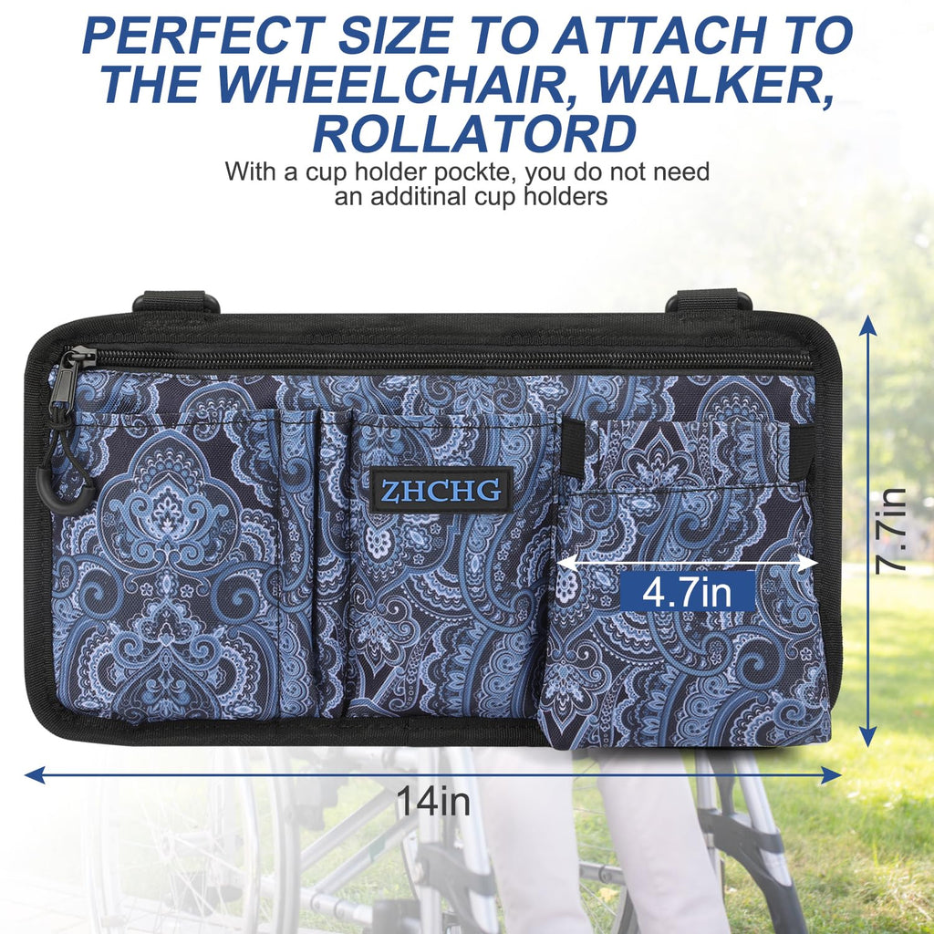 2 Pack Wheelchair Side Bag with Cup Holder, Wheelchair Armrest Pouch Accessories for Walker, Rollator, Electric Scooter Wheelchairs, Ideal Gift for Mother's Day & Father's Day