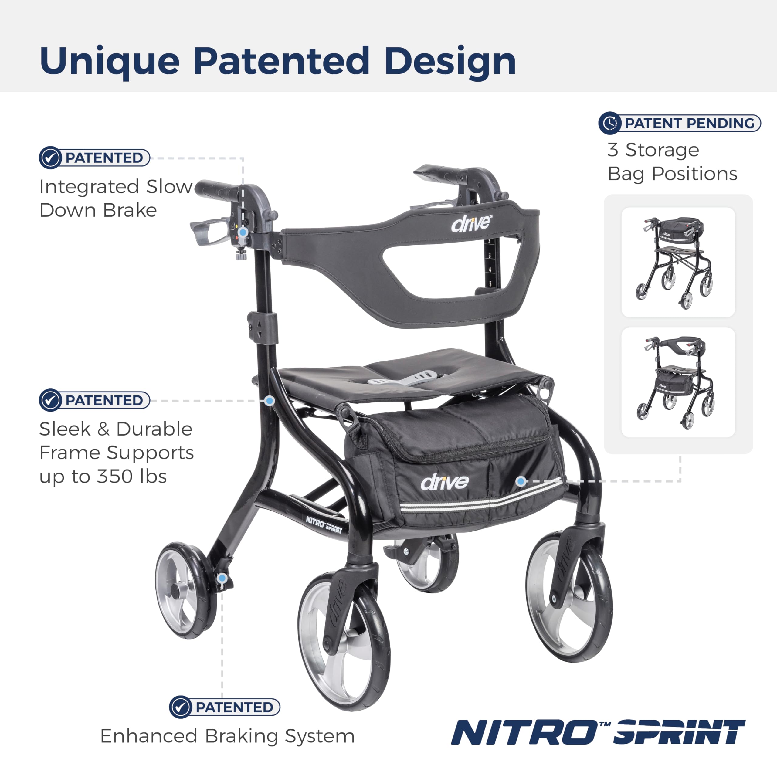 Drive Medical Nitro Sprint Foldable Rollator Walker with Seat, Standard Height Lightweight Large Wheels, Folding Rolling Walker, Red 1 Count 19 pounds