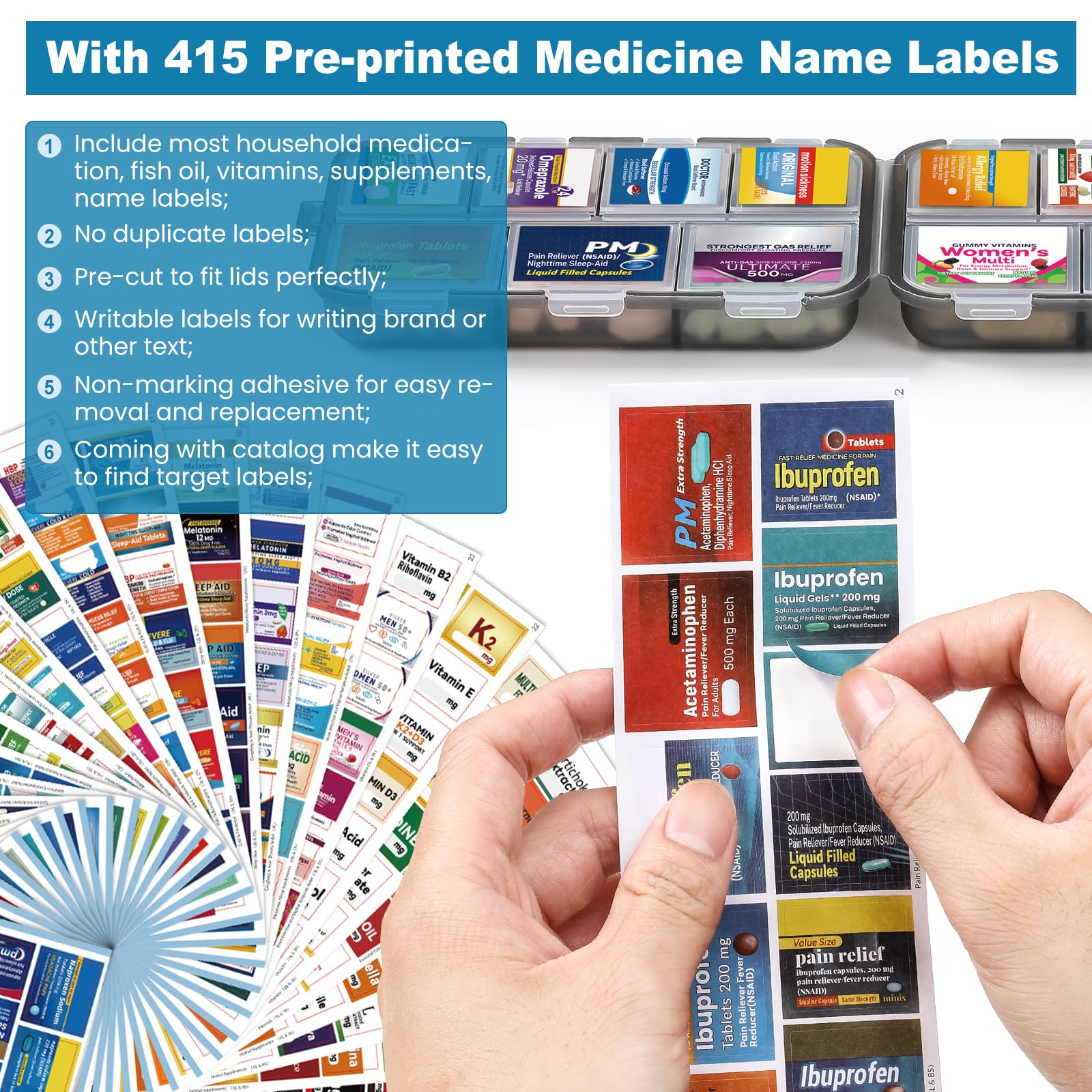 3 Pack 14 Grids Travel Pill Organizer Box with 415-Pcs Medicine Name Labels - Pocket Daily Pharmacy Case Container Kit - Travel Medication Holder Dispenser for Fish Oil Vitamin Supplement Storage