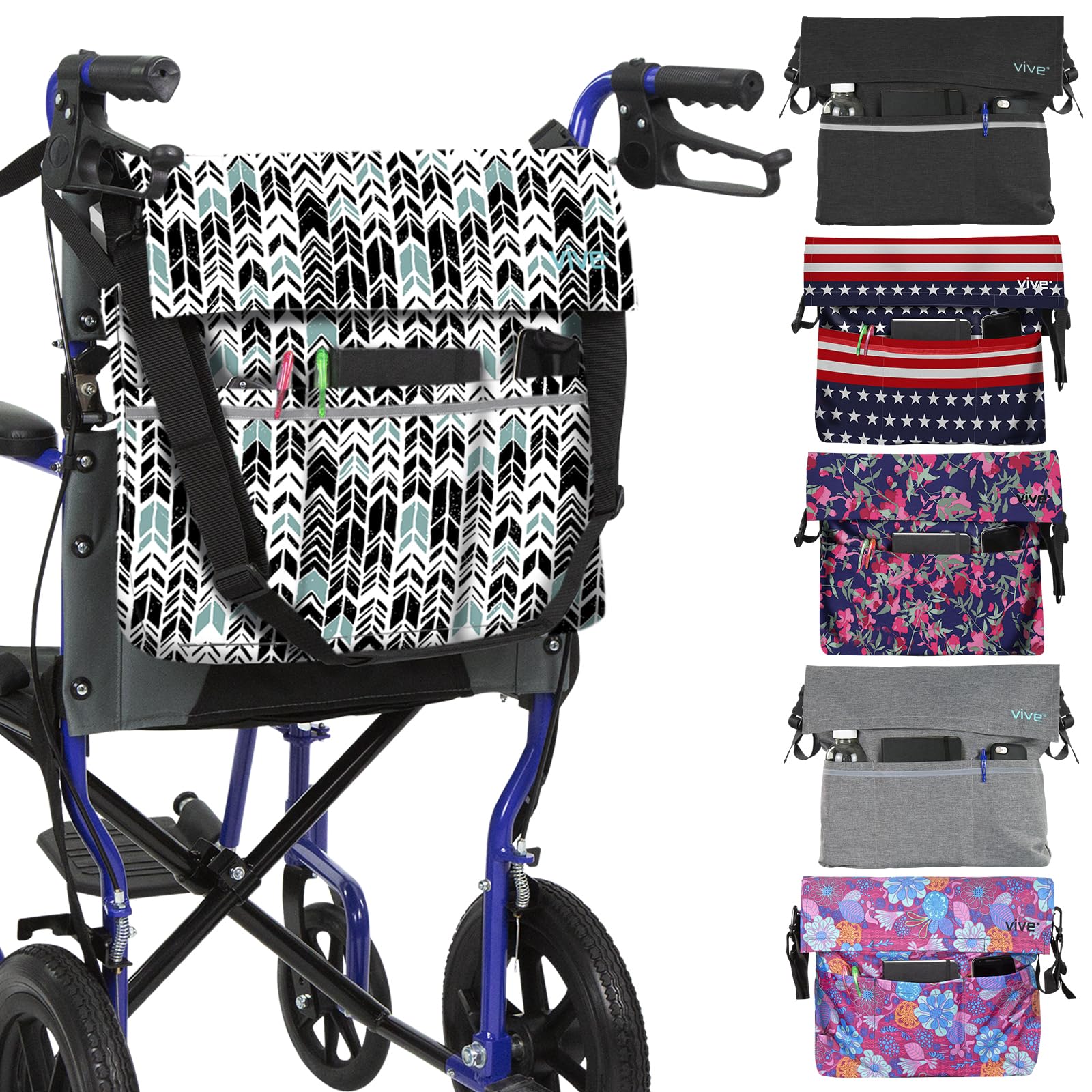 Vive XL Wheelchair Bag - Waterproof, Scratch-Resistant, Double-Stitched, Machine Washable Accessory for Adults, Seniors, 15 Colors - Storage Walker Backpack to Hang on Back of Wheel Chair