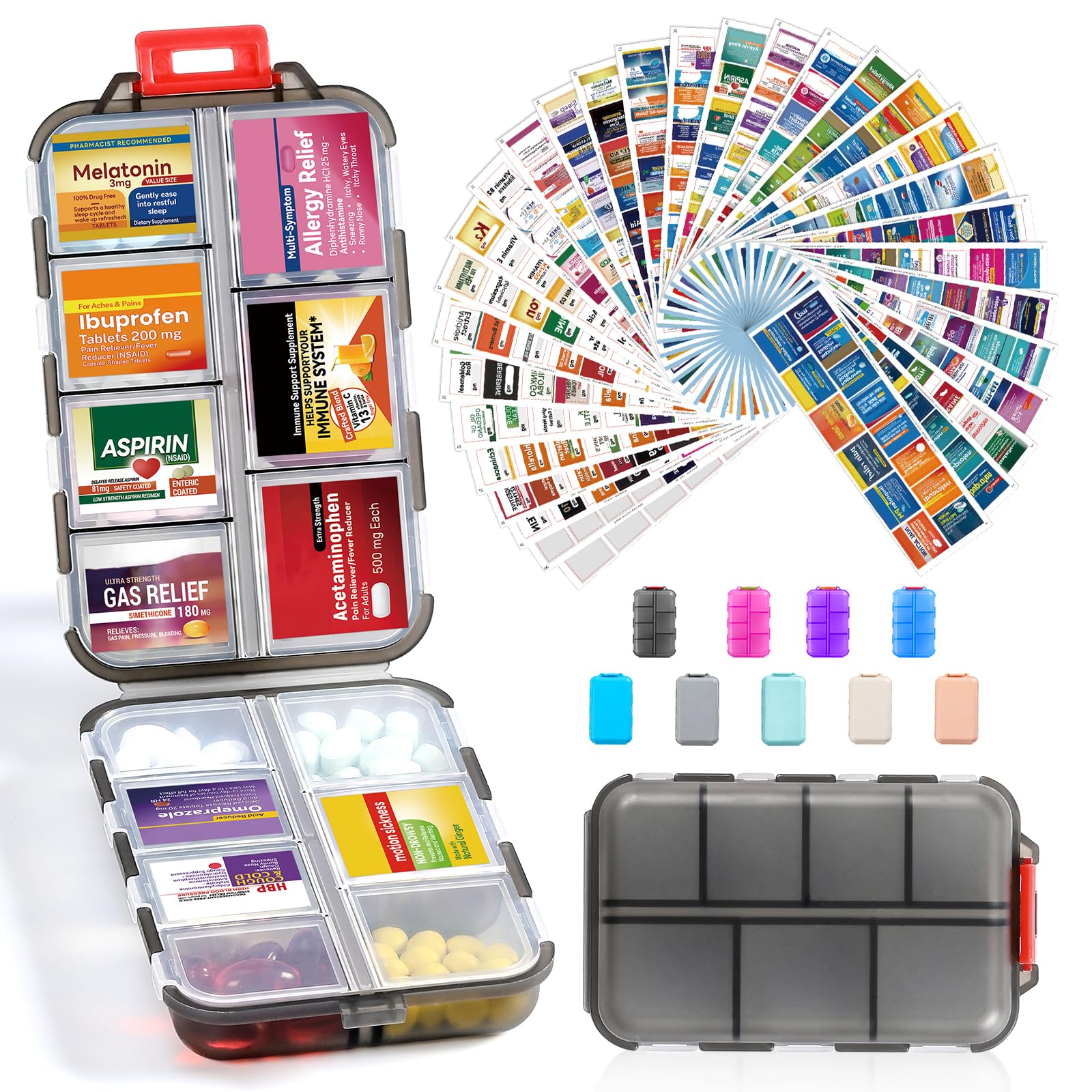 3 Pack 14 Grids Travel Pill Organizer Box with 415-Pcs Medicine Name Labels - Pocket Daily Pharmacy Case Container Kit - Travel Medication Holder Dispenser for Fish Oil Vitamin Supplement Storage