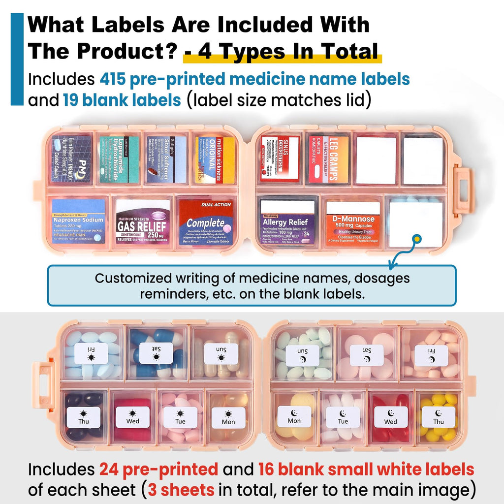 3 Pack 14 Grids Travel Pill Organizer Box with 415-Pcs Medicine Name Labels - Pocket Daily Pharmacy Case Container Kit - Travel Medication Holder Dispenser for Fish Oil Vitamin Supplement Storage