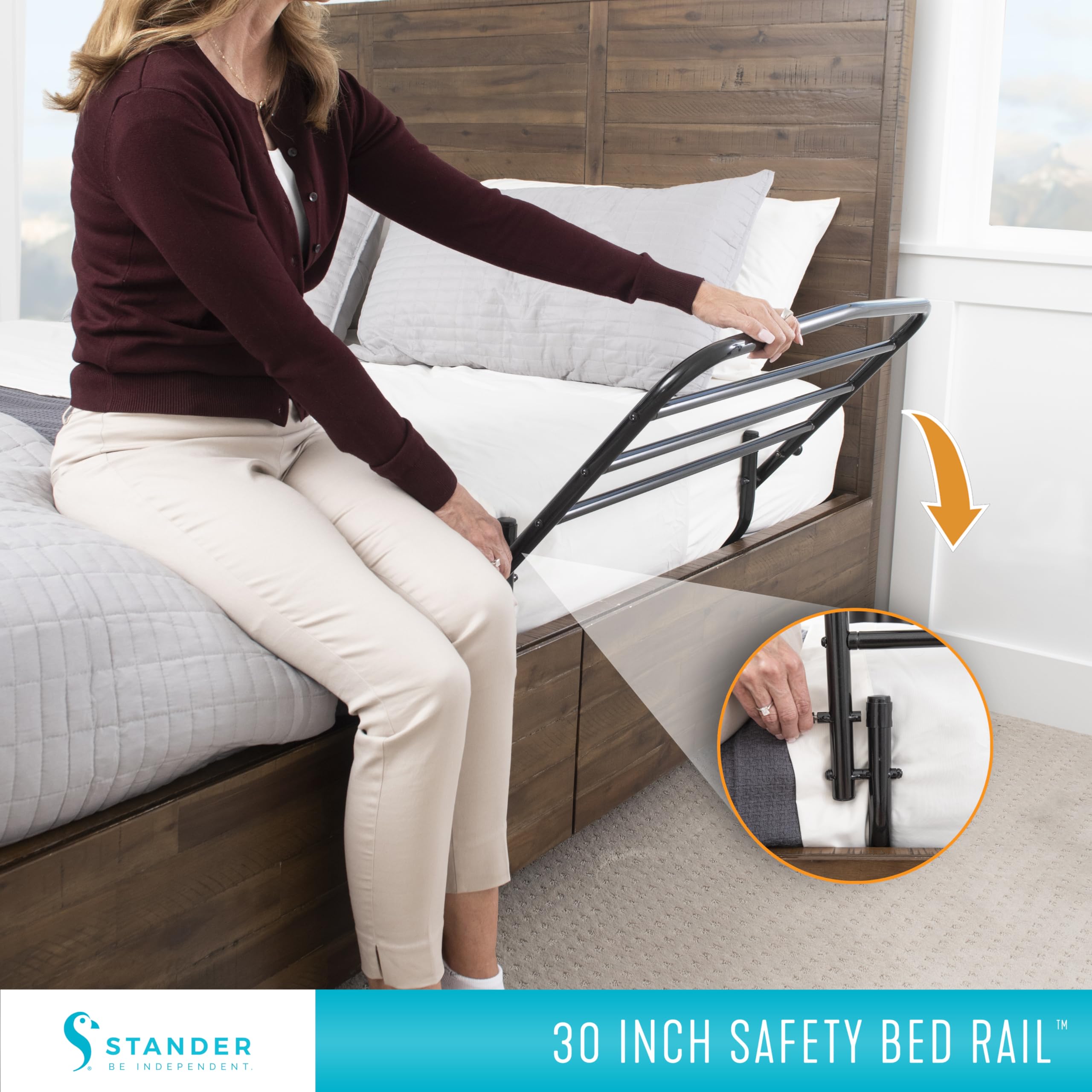 Stander 30inch Safety Bed Rail with Padded Pouch, Folding Guardrail for Adults, Seniors, and Elderly, Bedside Stand Assist Bar, Fits King, Queen, Full, and Twin Beds, ASTM Safety Approved Bedrail