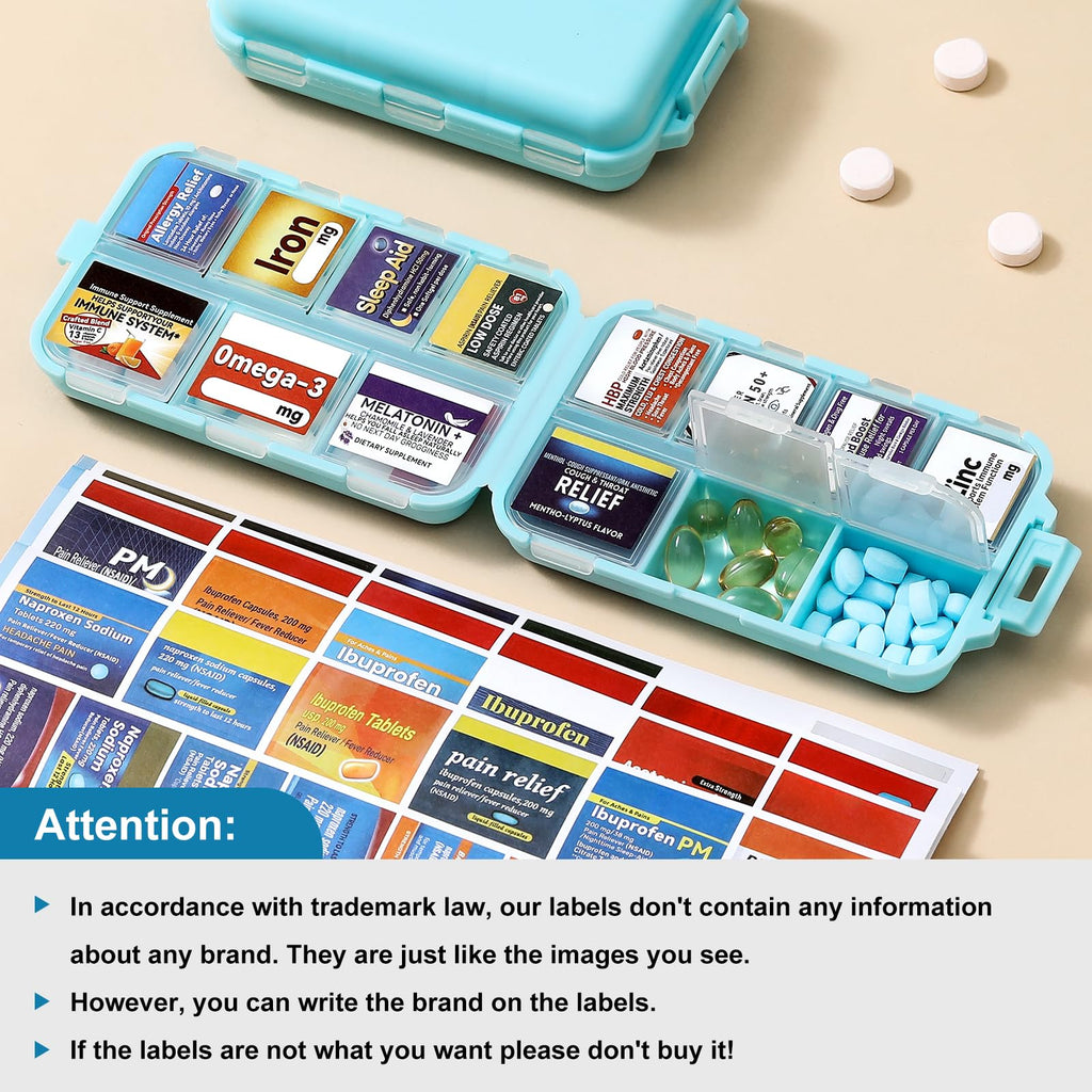 3 Pack 14 Grids Travel Pill Organizer Box with 415-Pcs Medicine Name Labels - Pocket Daily Pharmacy Case Container Kit - Travel Medication Holder Dispenser for Fish Oil Vitamin Supplement Storage