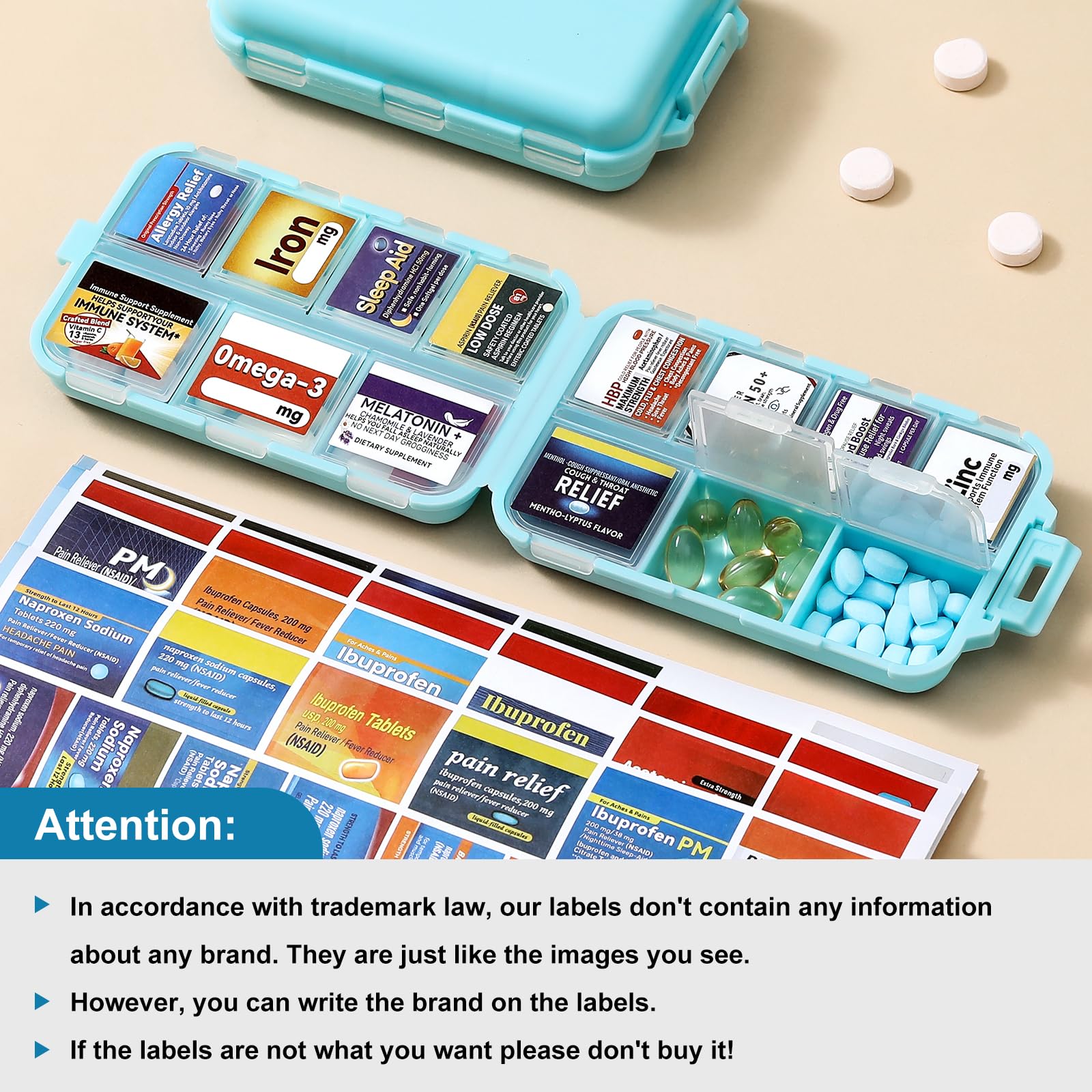 3 Pack 14 Grids Travel Pill Organizer Box with 415-Pcs Medicine Name Labels - Pocket Daily Pharmacy Case Container Kit - Travel Medication Holder Dispenser for Fish Oil Vitamin Supplement Storage