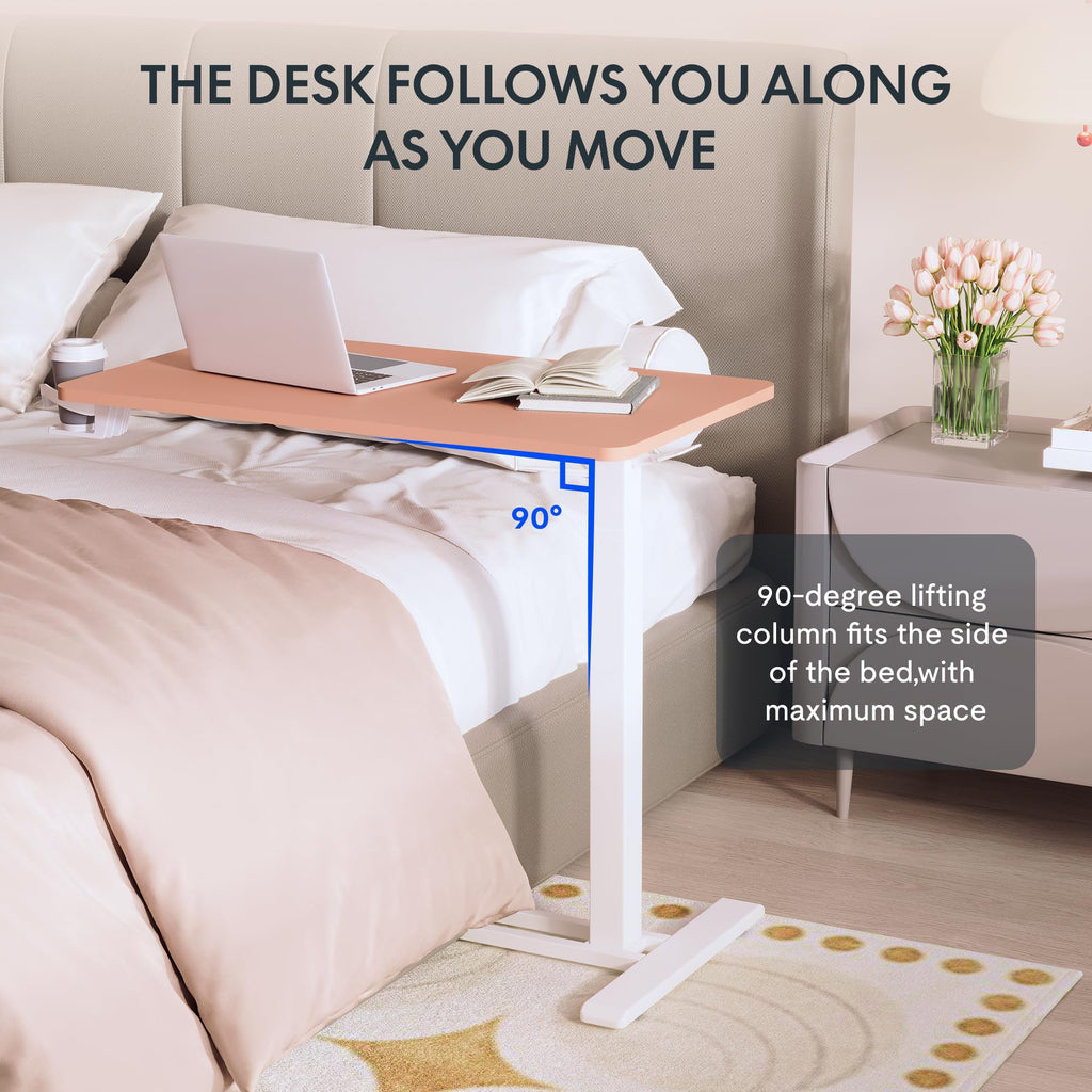 FLEXISPOT H7 Adjustable Overbed Bedside Table with Wheels Pneumatic Mobile Standing Desk Laptop Desk Rolling Computer Cart Movable Overbed Table Hospital Home Use(27.6" W x 15.7" D, White)