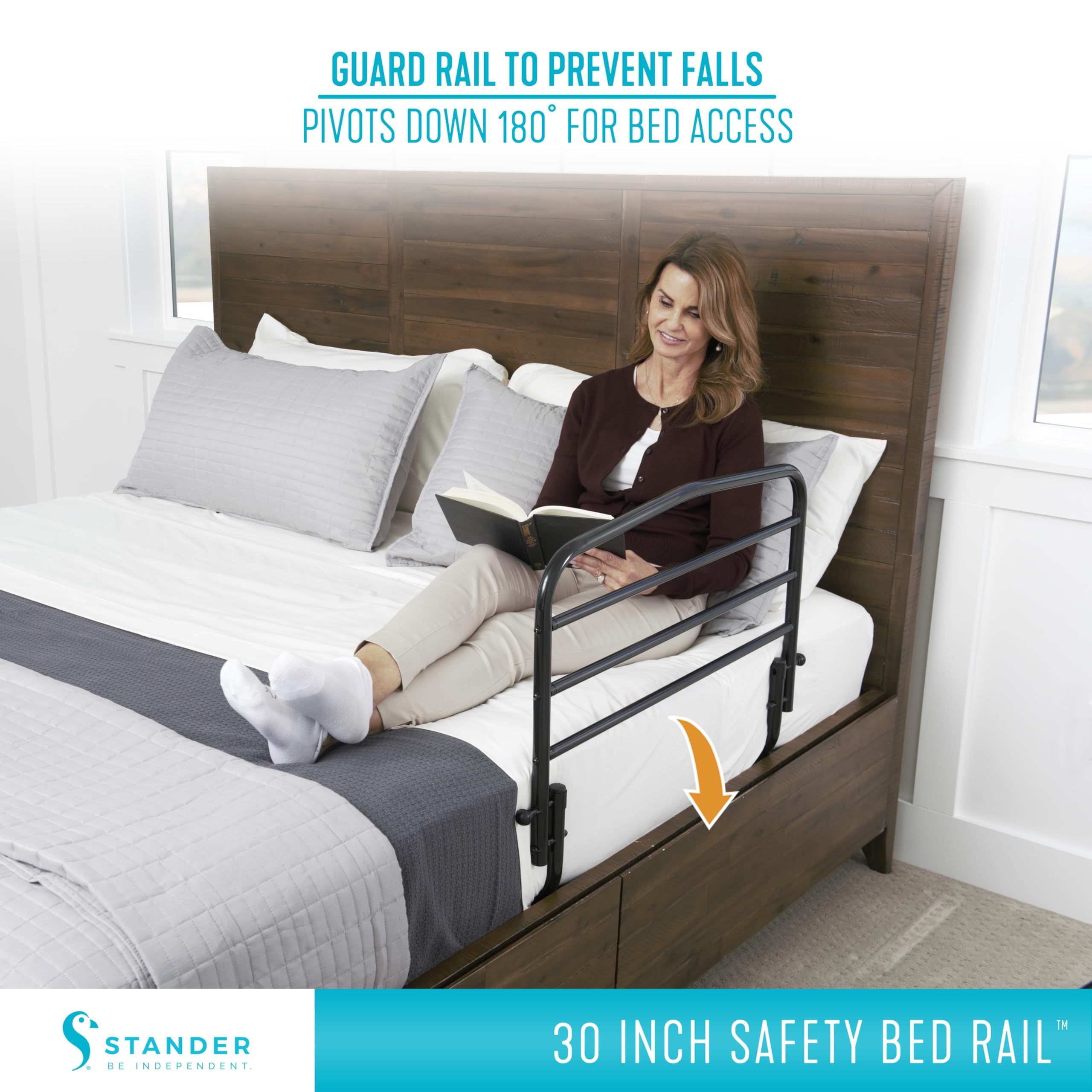 Stander 30inch Safety Bed Rail with Padded Pouch, Folding Guardrail for Adults, Seniors, and Elderly, Bedside Stand Assist Bar, Fits King, Queen, Full, and Twin Beds, ASTM Safety Approved Bedrail