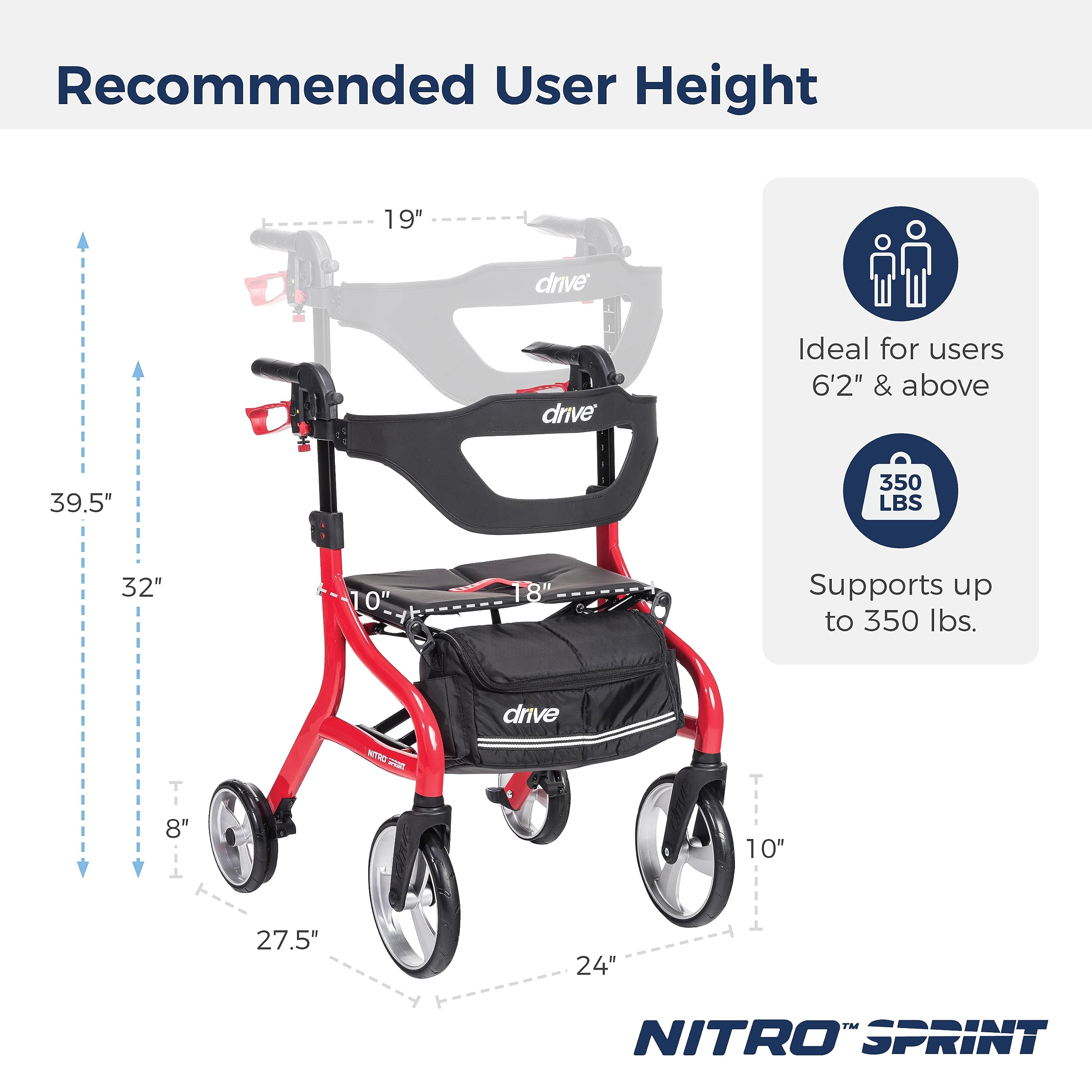 Drive Medical Nitro Sprint Foldable Rollator Walker with Seat, Standard Height Lightweight Large Wheels, Folding Rolling Walker, Red 1 Count 19 pounds