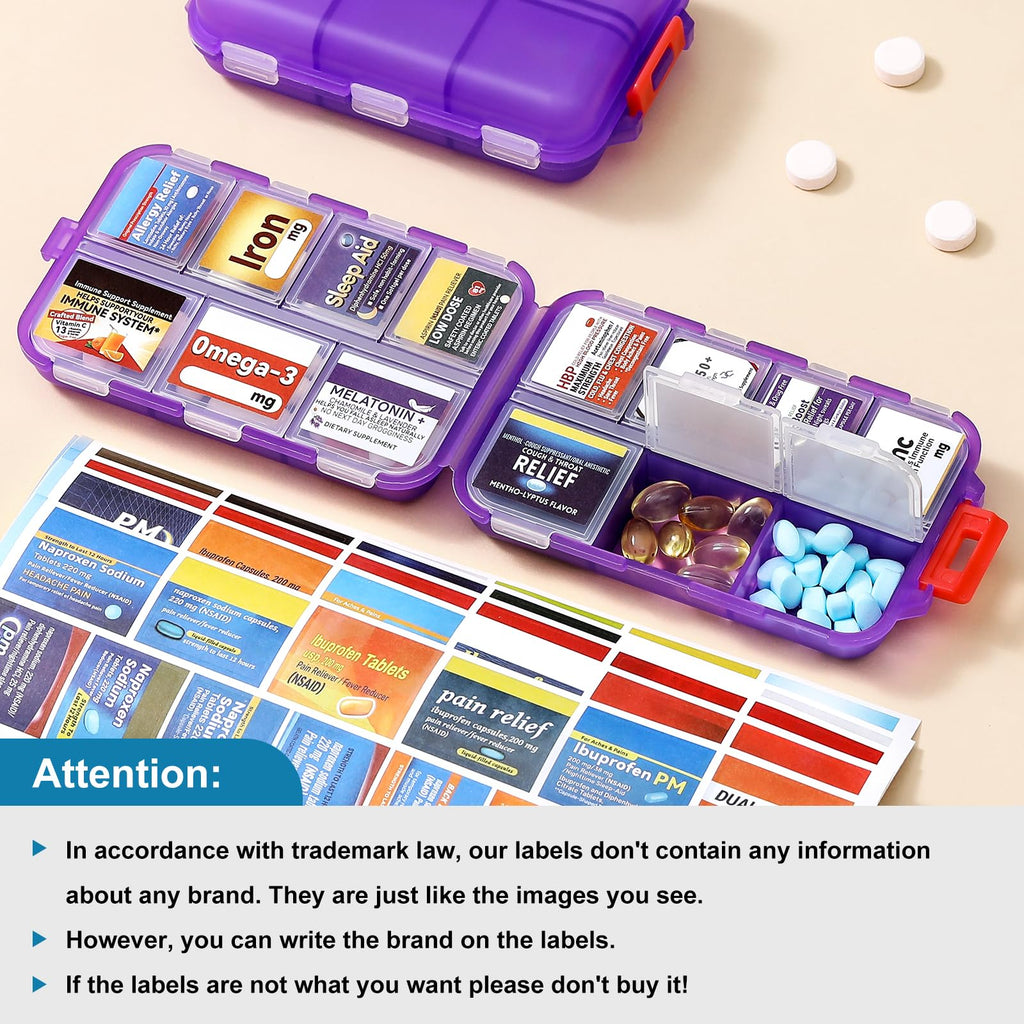 3 Pack 14 Grids Travel Pill Organizer Box with 415-Pcs Medicine Name Labels - Pocket Daily Pharmacy Case Container Kit - Travel Medication Holder Dispenser for Fish Oil Vitamin Supplement Storage