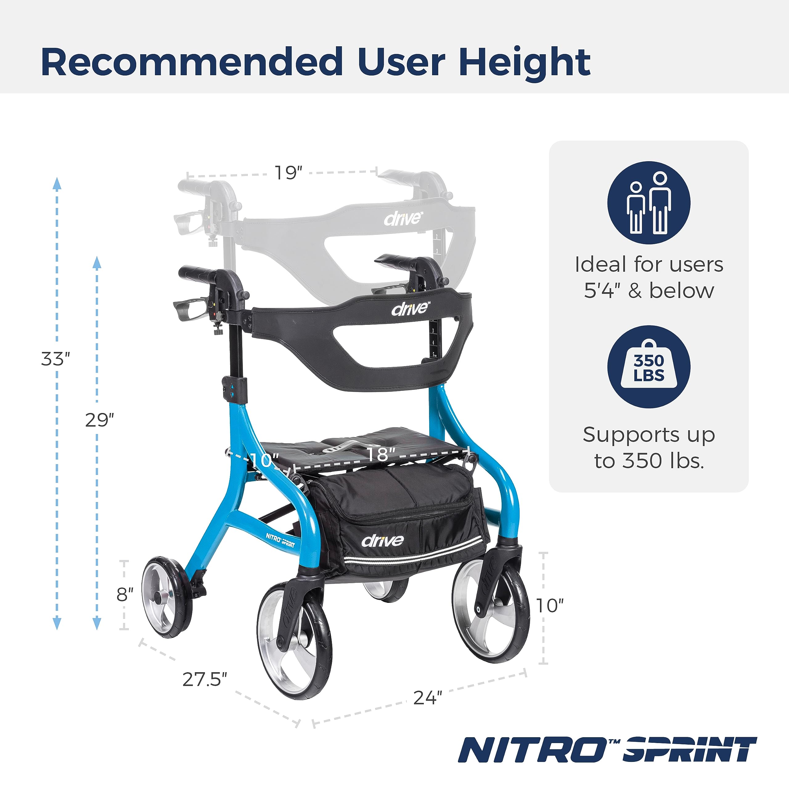 Drive Medical Nitro Sprint Foldable Rollator Walker with Seat, Standard Height Lightweight Large Wheels, Folding Rolling Walker, Red 1 Count 19 pounds