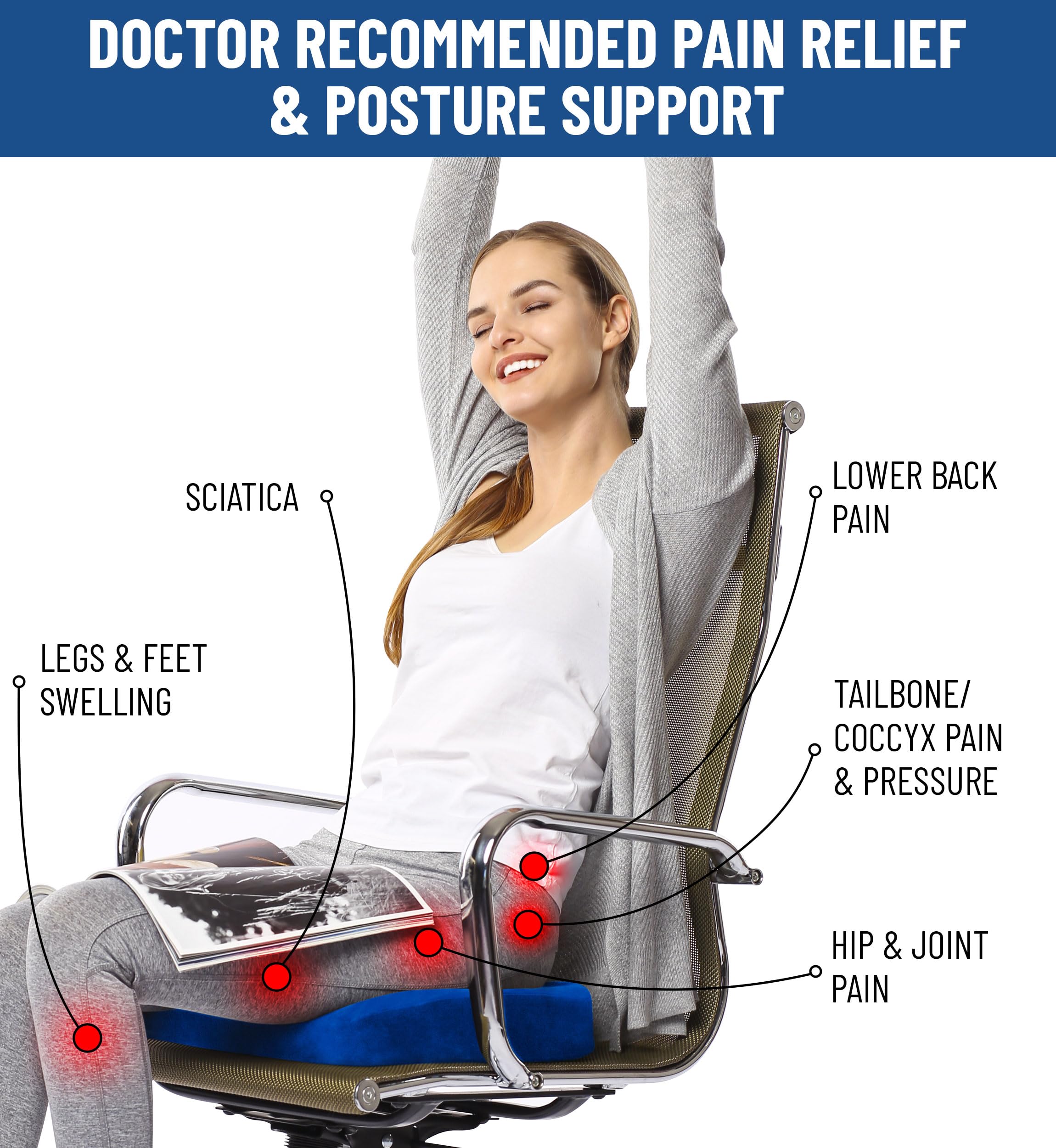 Everlasting Comfort Doctor Recommended Memory Foam Seat Cushion for Office Chairs & Car Seat - Ergonomic Office Desk Accessories for Tailbone Pain Relief, Sciatica & Back Support